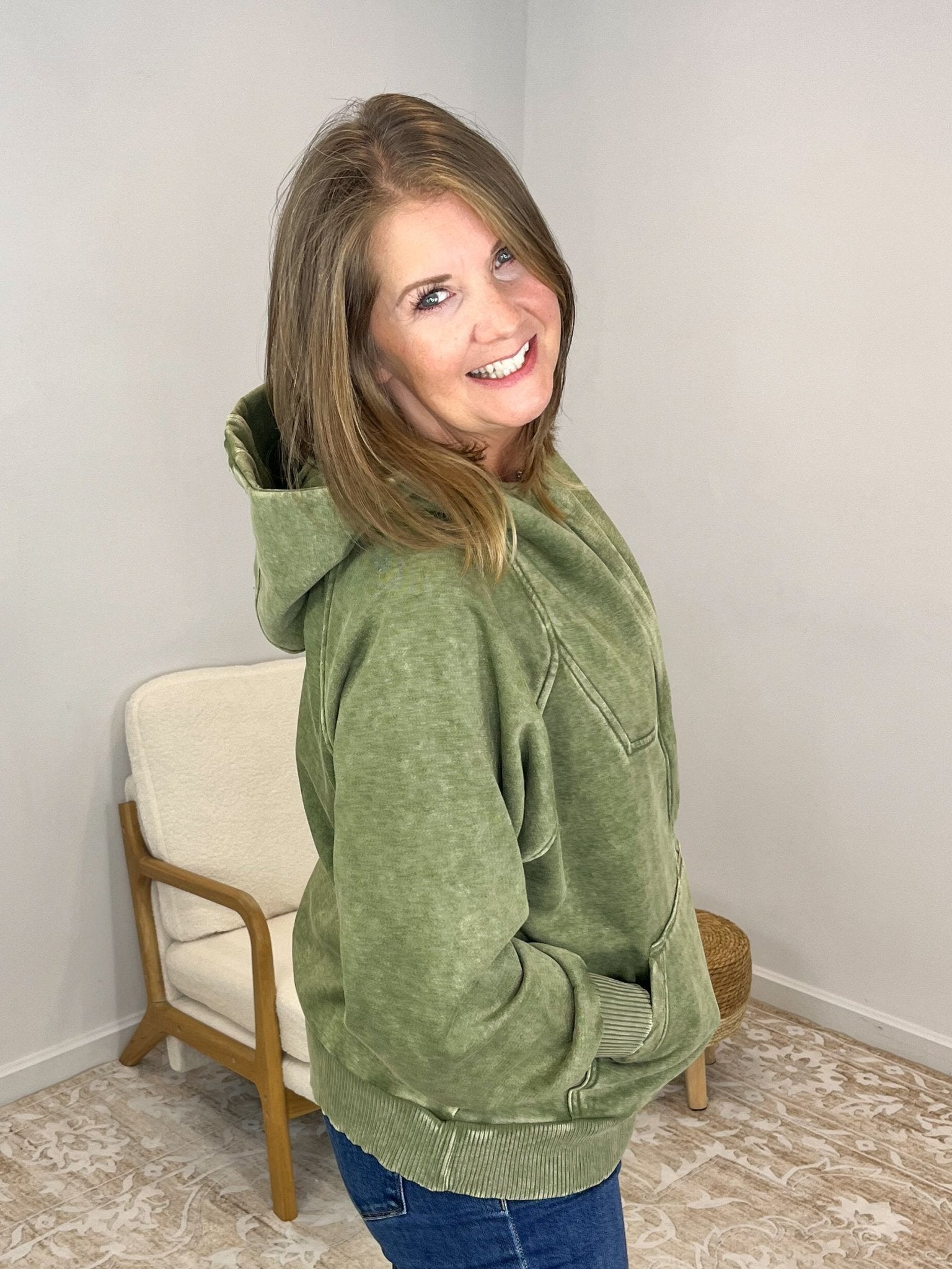 Acid Wash Quarter Zip Fleece Hoodie Pullover Sweatshirt - Olive - Lavender Hills BeautyZenanaOTW - 4557Y - LOLV - S