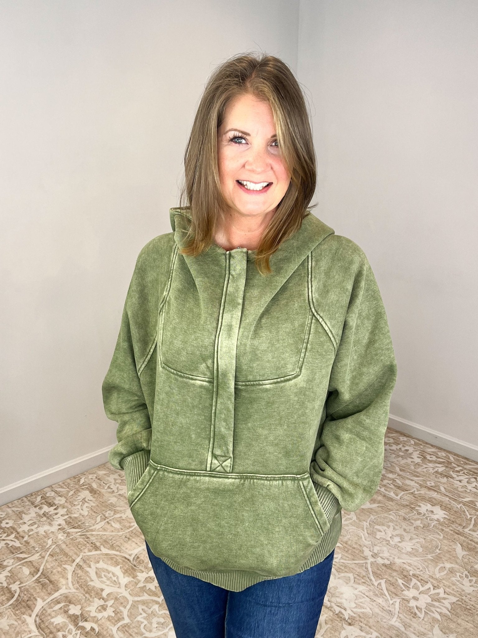 Acid Wash Quarter Zip Fleece Hoodie Pullover Sweatshirt - Olive - Lavender Hills BeautyZenanaOTW - 4557Y - LOLV - S