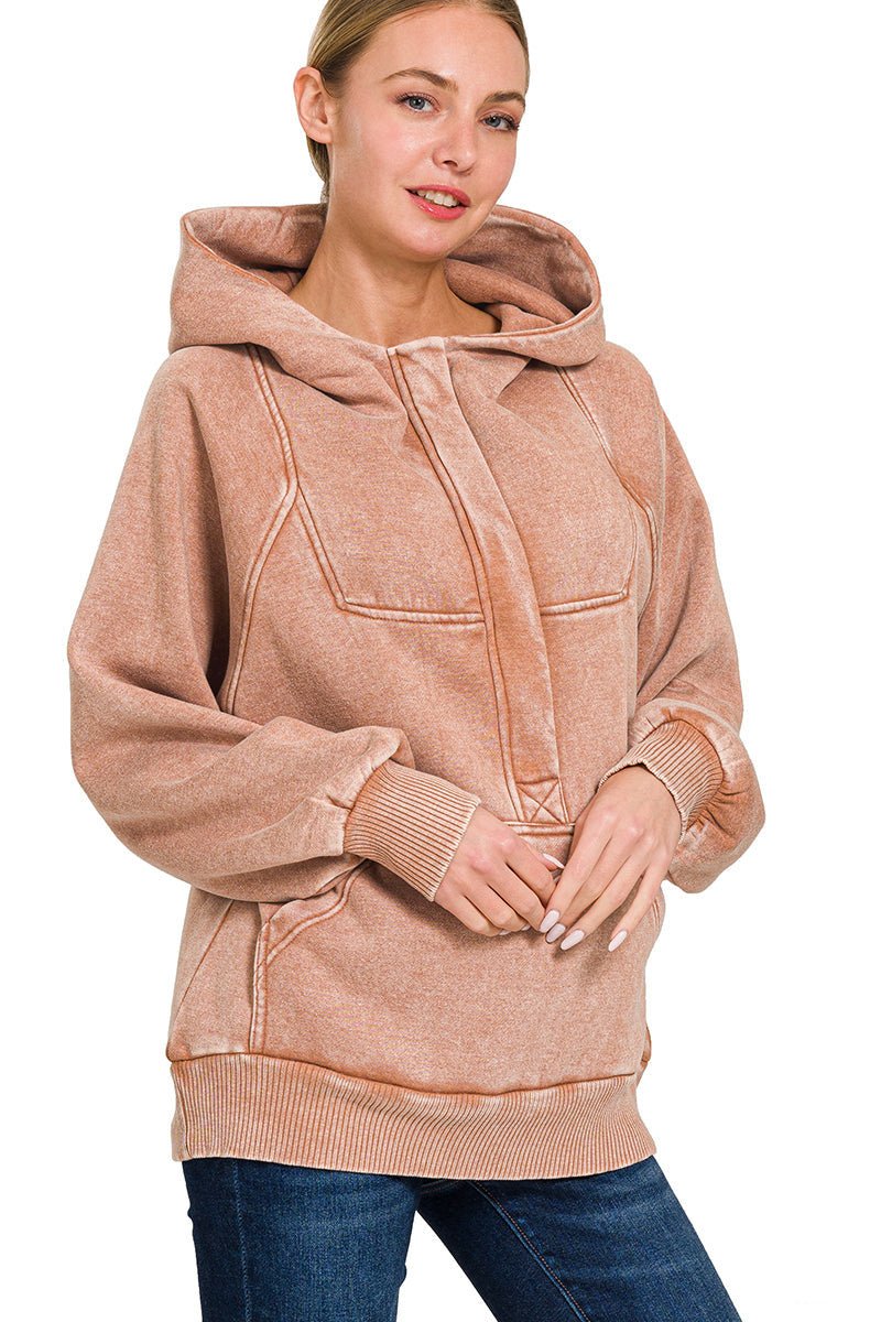 Acid Wash Quarter Zip Fleece Hoodie Pullover Sweatshirt - Rust - Lavender Hills BeautyZenanaOTW - 4557Y - RST - S