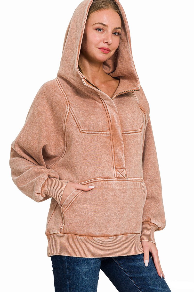 Acid Wash Quarter Zip Fleece Hoodie Pullover Sweatshirt - Rust - Lavender Hills BeautyZenanaOTW - 4557Y - RST - S