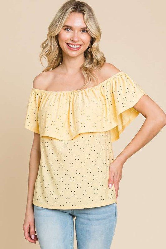 Off the Shoulder Eyelet Ruffle Top - Lavender Hills BeautyCulture Code