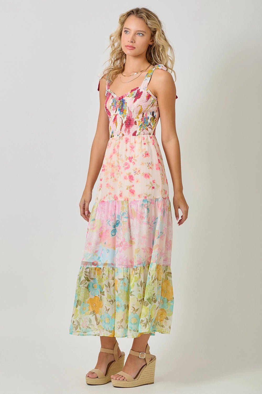 Paradise Floral Mixed Tiered Maxi Dress with Gold Pin - Striping - Lavender Hills BeautyMystree61078-M
