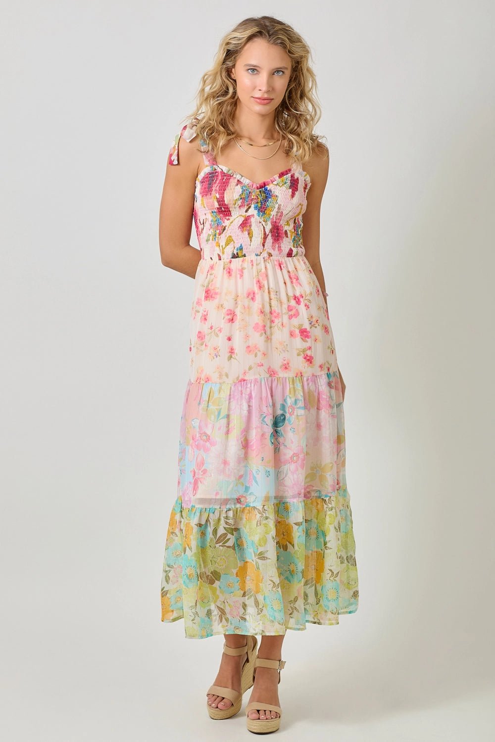 Paradise Floral Mixed Tiered Maxi Dress with Gold Pin - Striping - Lavender Hills BeautyMystree61078-M