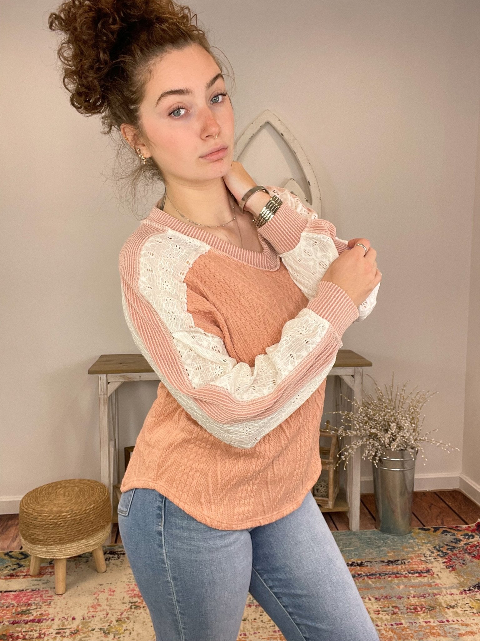 Peach Lace & Cable Knit Long Sleeve Top - Lavender Hills Beauty7th RayT5694MA - PCH - S