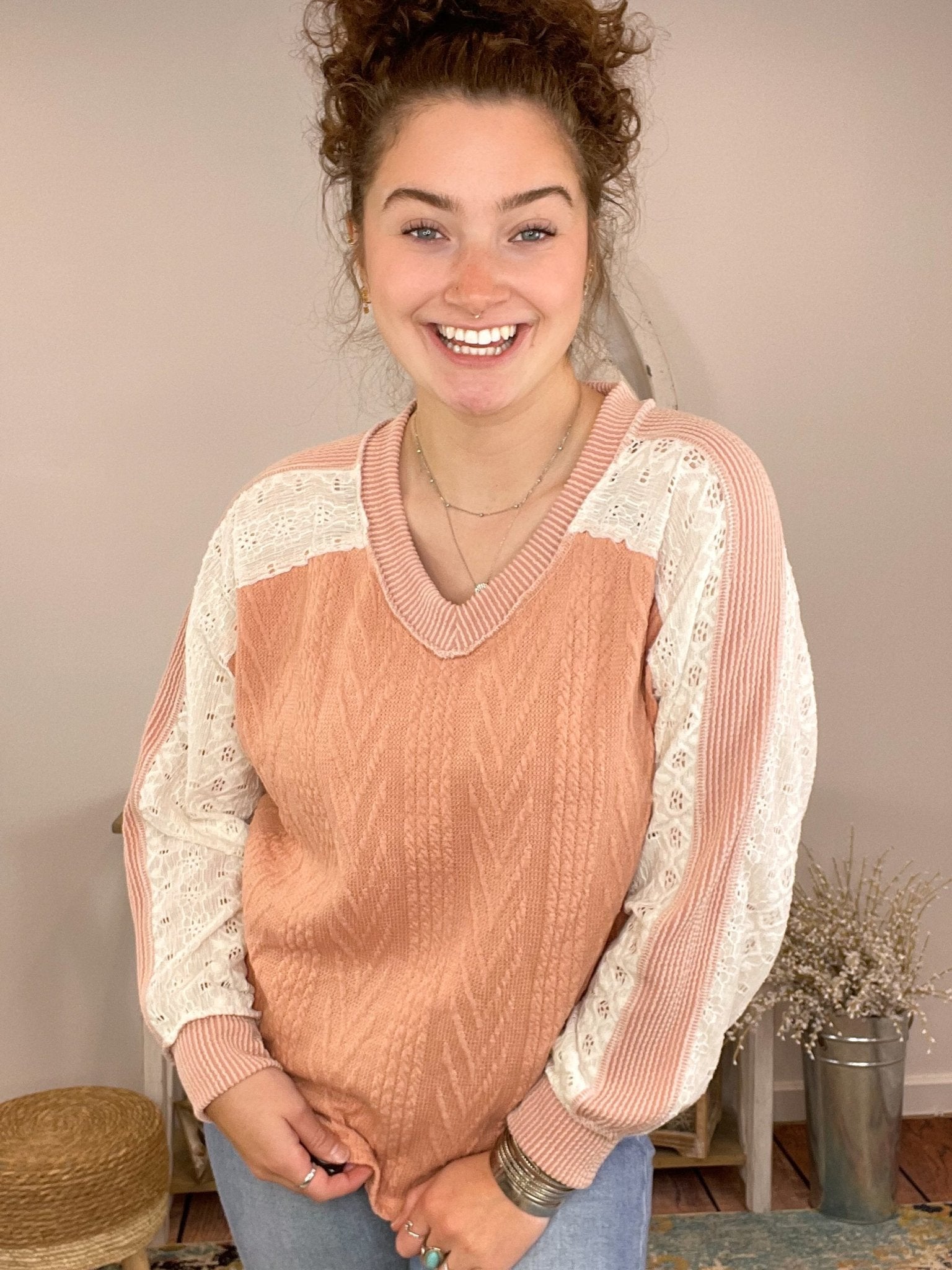 Peach Lace & Cable Knit Long Sleeve Top - Lavender Hills Beauty7th RayT5694MA - PCH - S