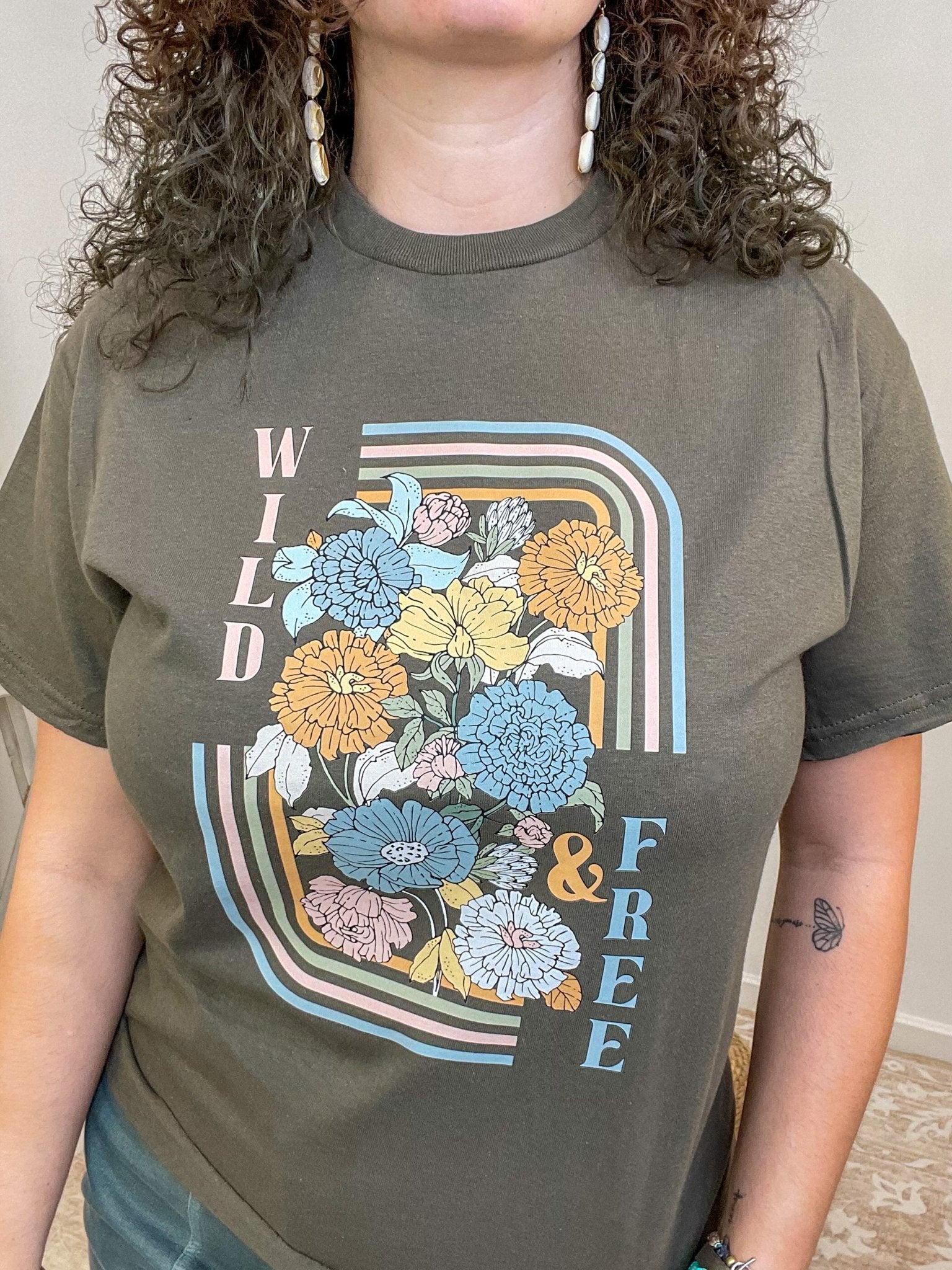 Wild & Free Retro Floral Graphic Tee - Dark Olive - Lavender Hills BeautyLavender Hills Beauty