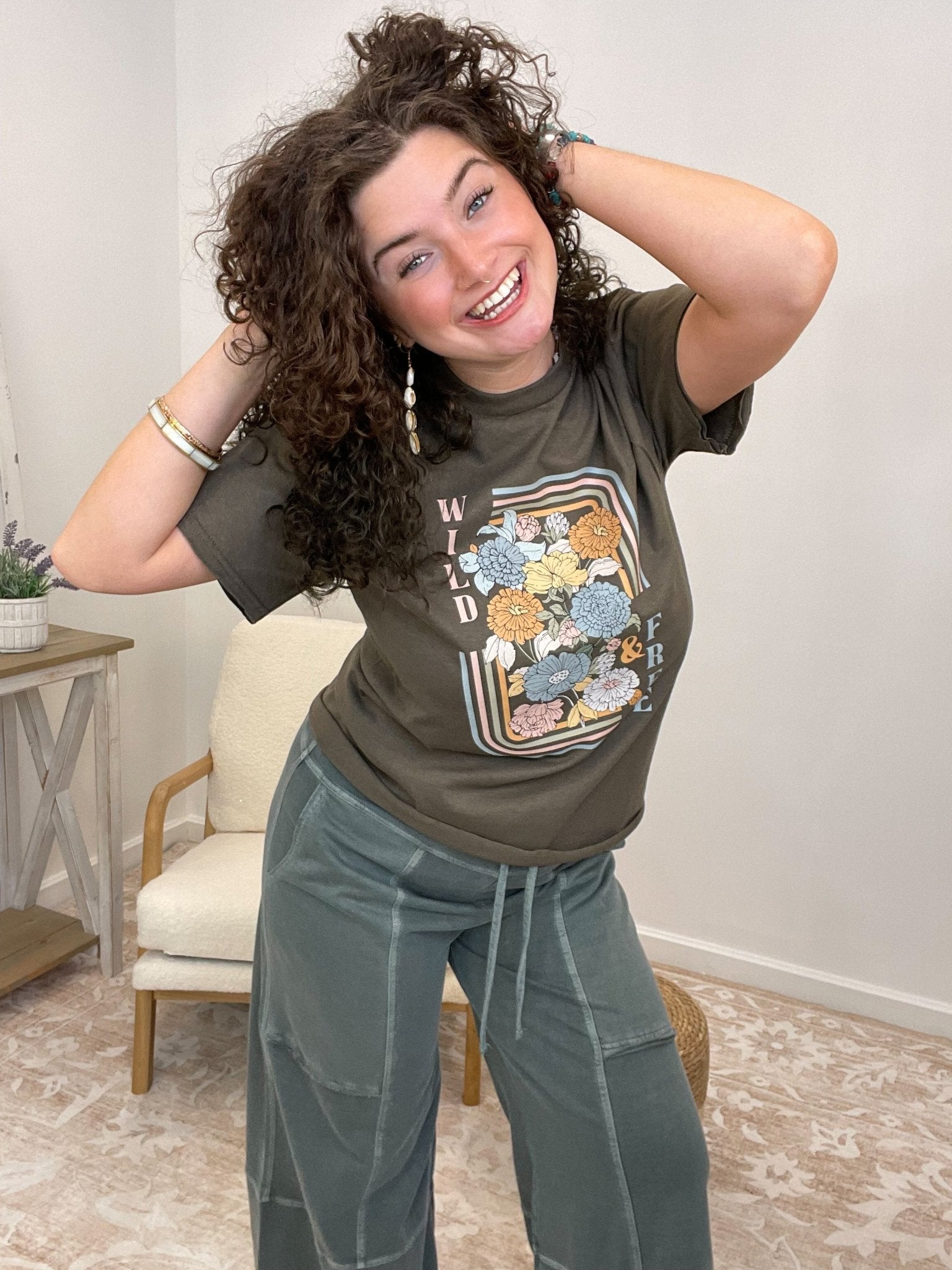 Wild & Free Retro Floral Graphic Tee - Dark Olive - Lavender Hills BeautyLavender Hills Beauty