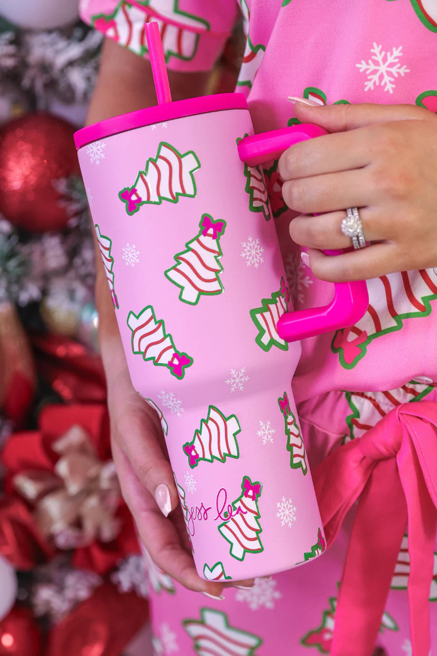 Pink Bow Christmas Treat Tumbler Water Bottle