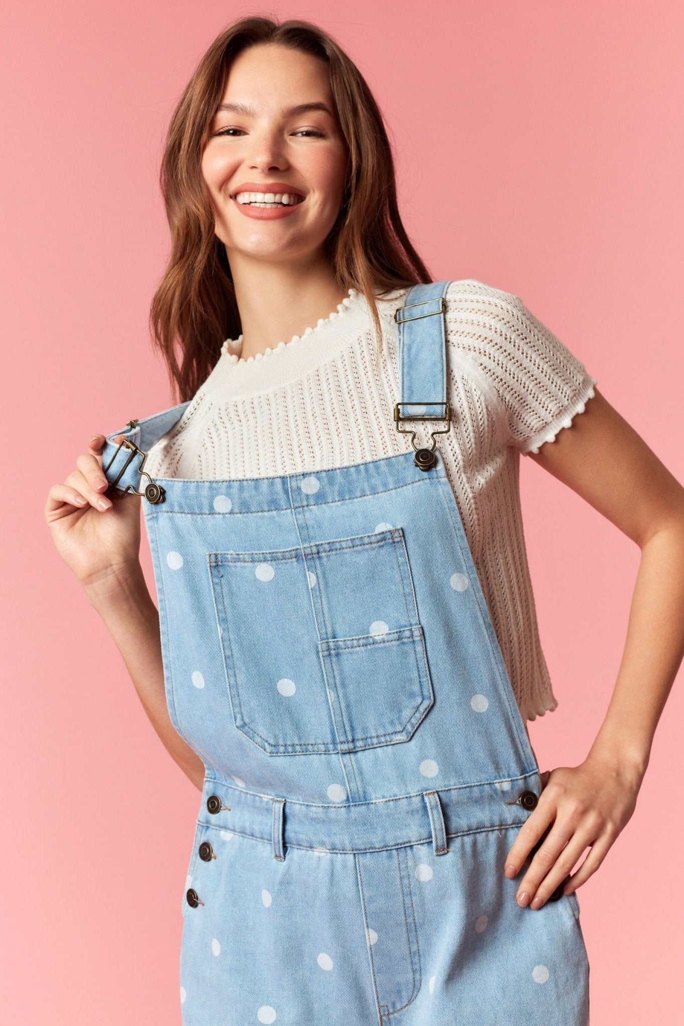 Polka Dot Washed Denim Barrel Leg Overalls - Lavender Hills BeautyPeach Love California