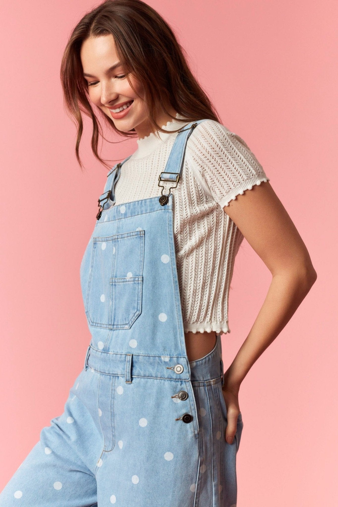 Polka Dot Washed Denim Barrel Leg Overalls - Lavender Hills BeautyPeach Love California