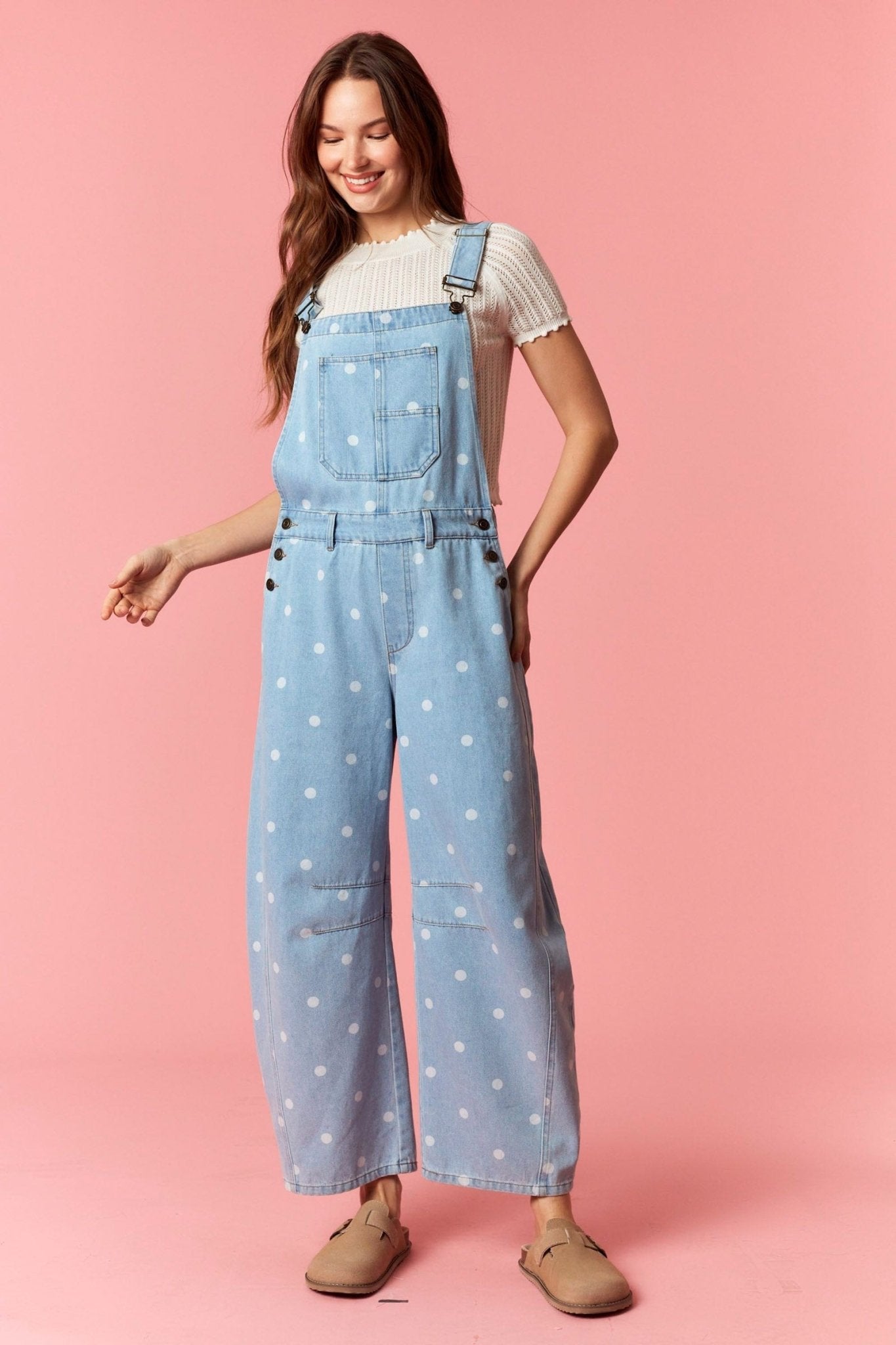 Polka Dot Washed Denim Barrel Leg Overalls - Lavender Hills BeautyPeach Love California