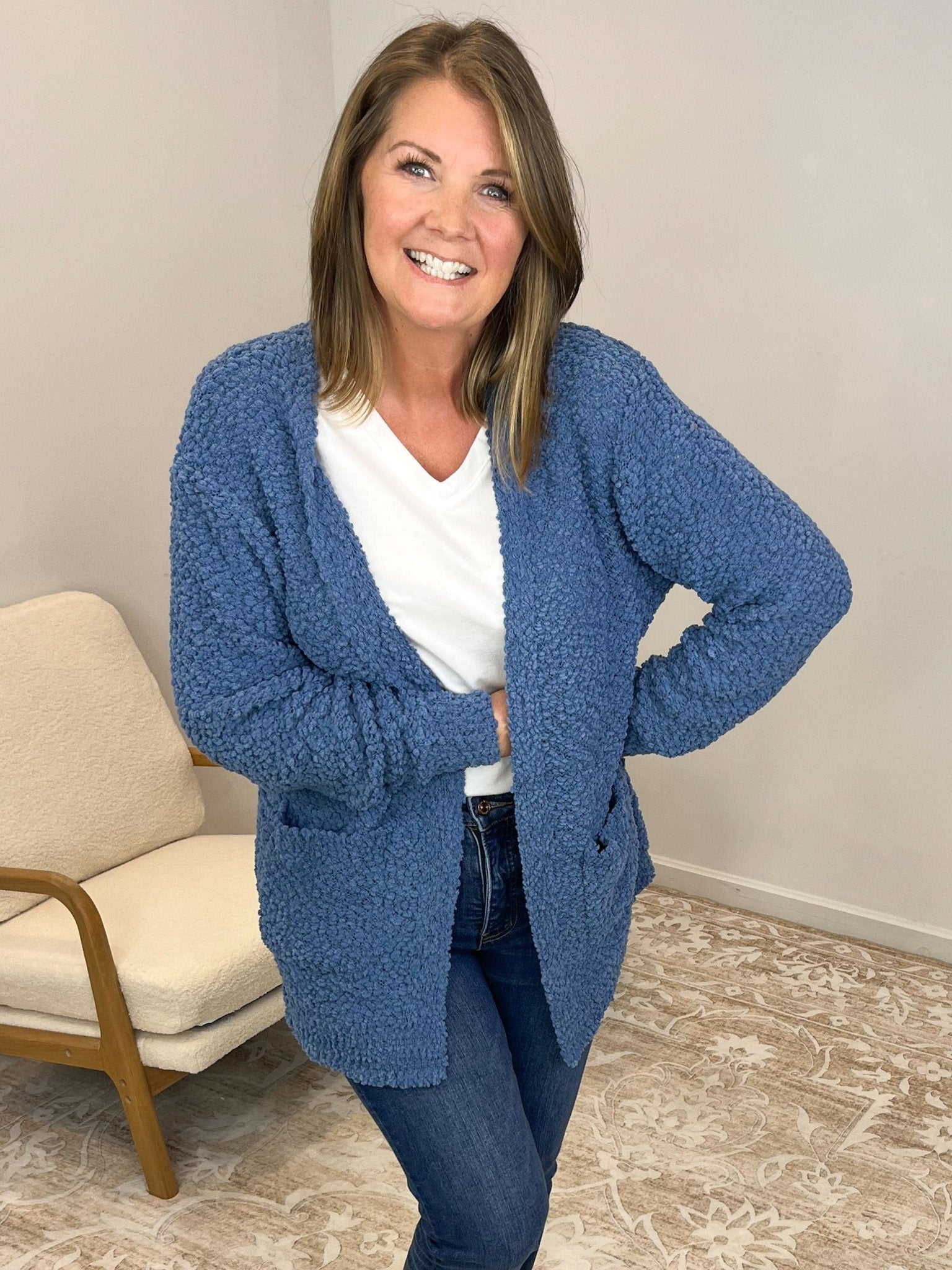 Popcorn Knit Long Sleeve Cardigan - Dusty Blue - Lavender Hills BeautyZenanaTW - 1938D4 - DBLU - S