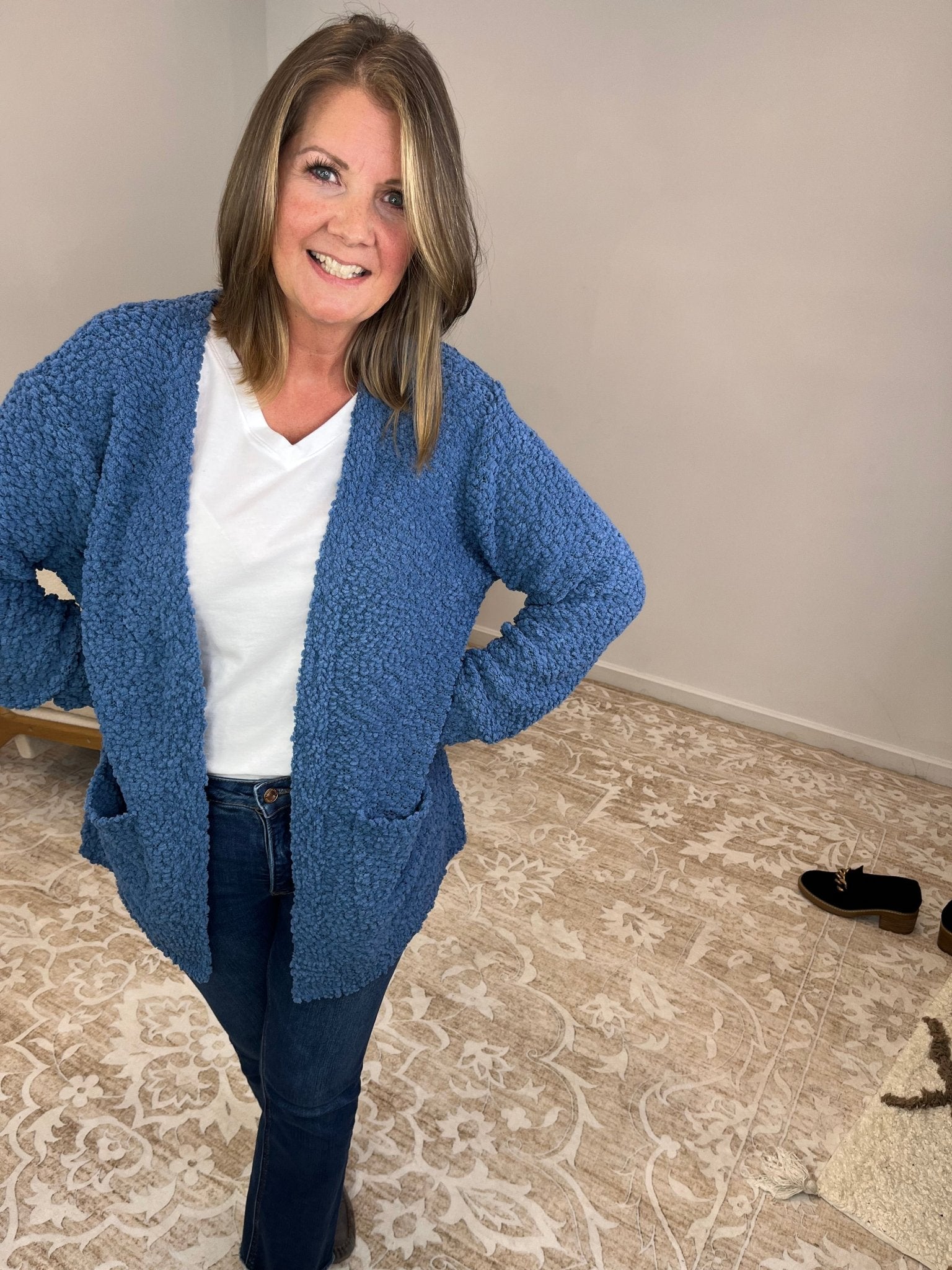 Popcorn Knit Long Sleeve Cardigan - Dusty Blue - Lavender Hills BeautyZenanaTW - 1938D4 - DBLU - S