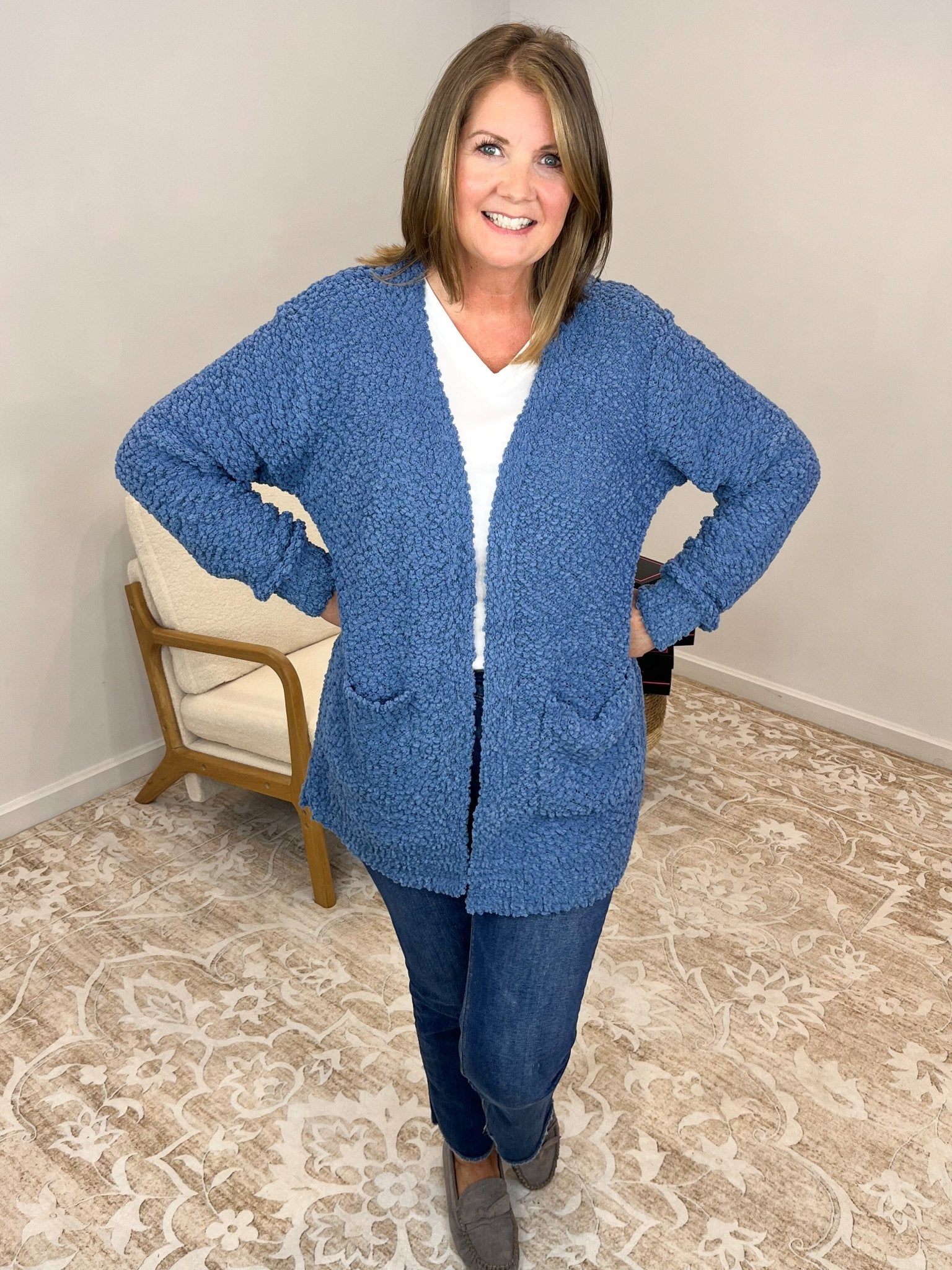 Popcorn Knit Long Sleeve Cardigan - Dusty Blue - Lavender Hills BeautyZenanaTW - 1938D4 - DBLU - S