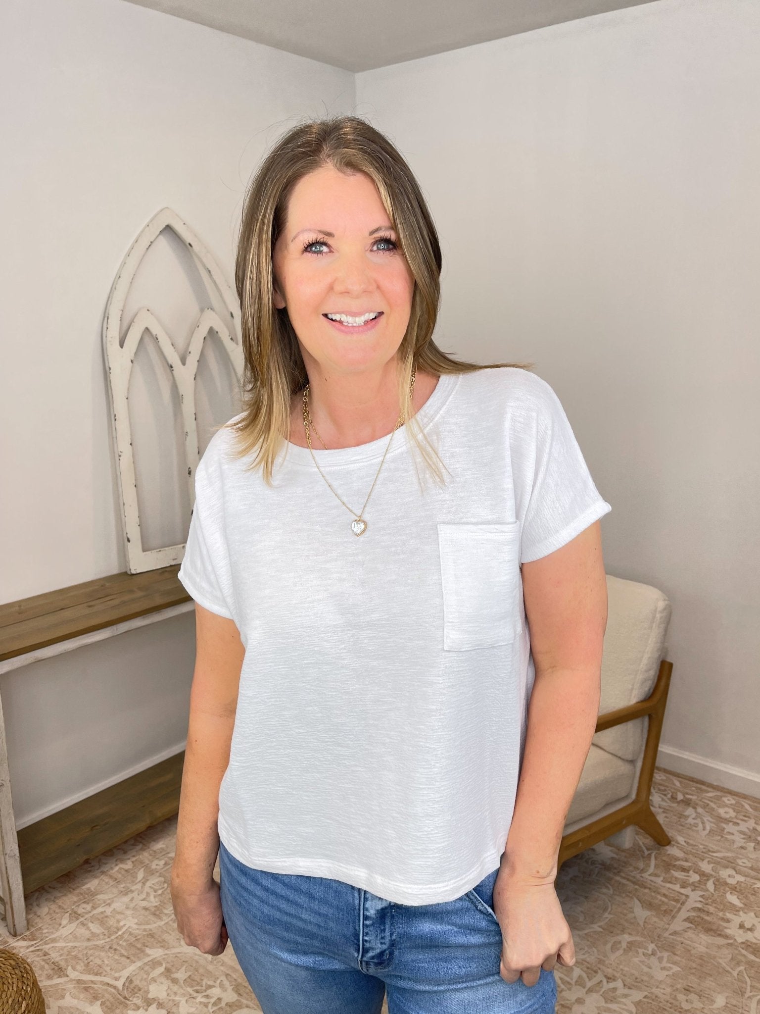 Premium Cotton Slub Relaxed Pocket Tee - Lavender Hills BeautyZenanaCT-3458Y-WHT-S