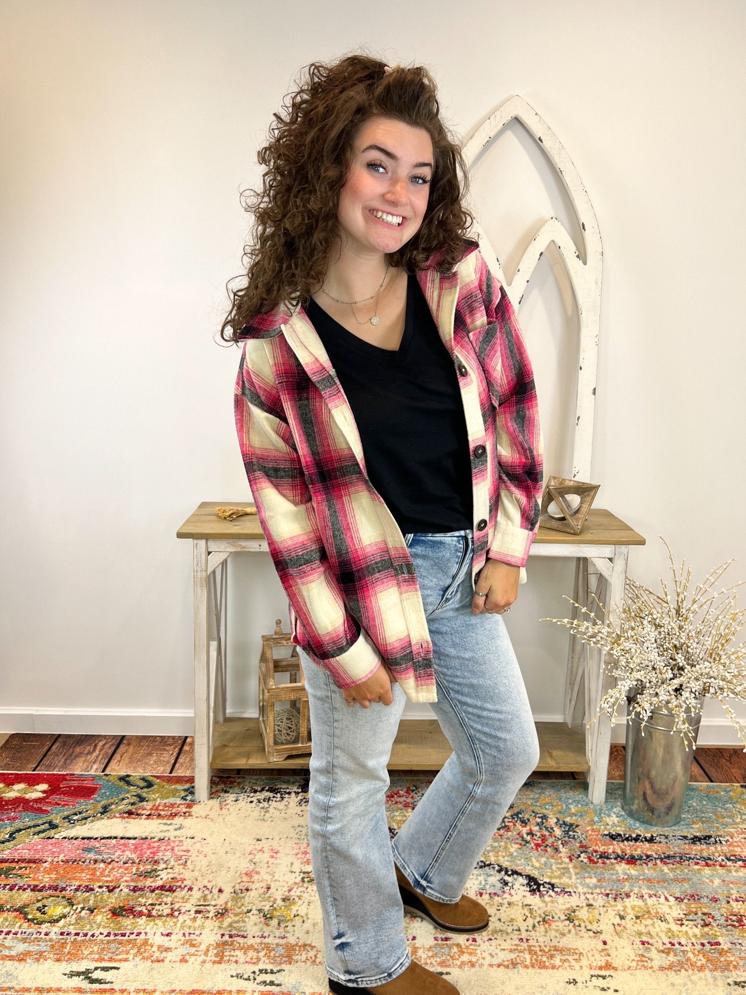 Hot Pink and Black Plaid Flannel Shacket - Lavender Hills BeautyZenanaQJ - 1372D4_HTPNK - S