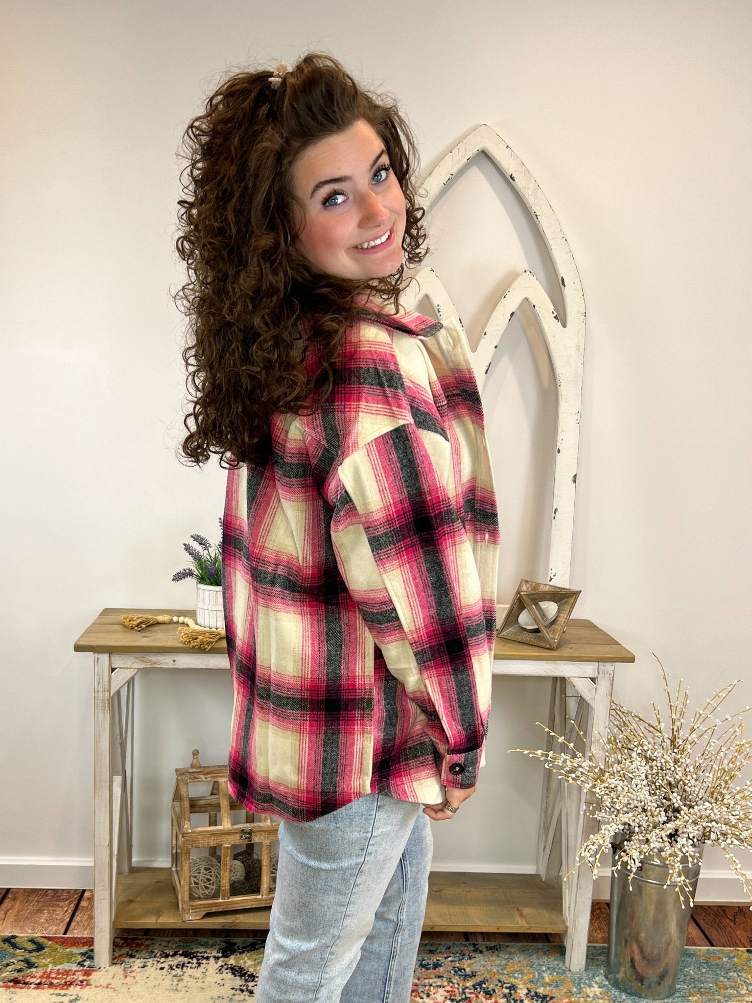 Hot Pink and Black Plaid Flannel Shacket - Lavender Hills BeautyZenanaQJ - 1372D4_HTPNK - S