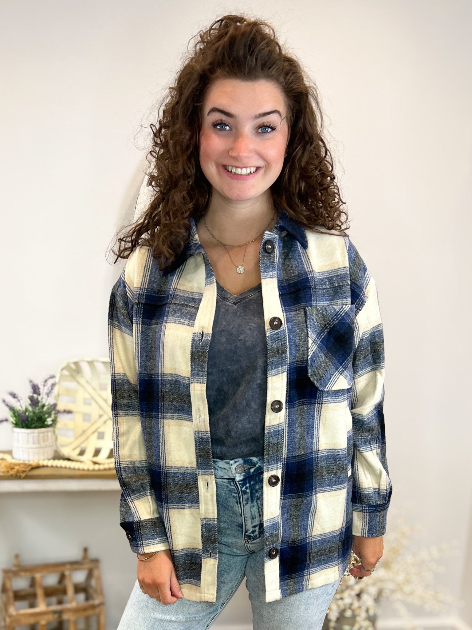 Navy Plaid Flannel Shacket - Lavender Hills BeautyZenanaQJ - 1372D4 - NVY - S