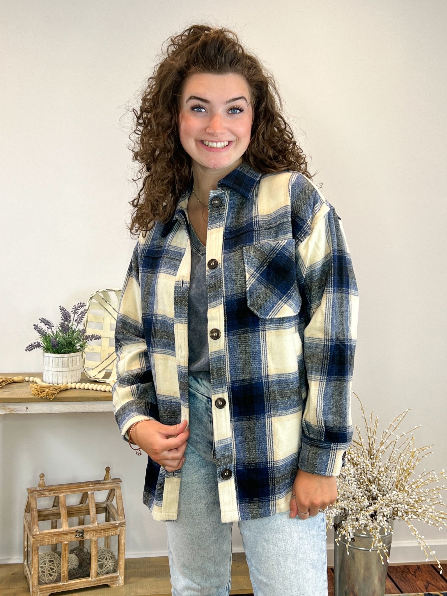 Navy Plaid Flannel Shacket - Lavender Hills BeautyZenanaQJ - 1372D4 - NVY - S