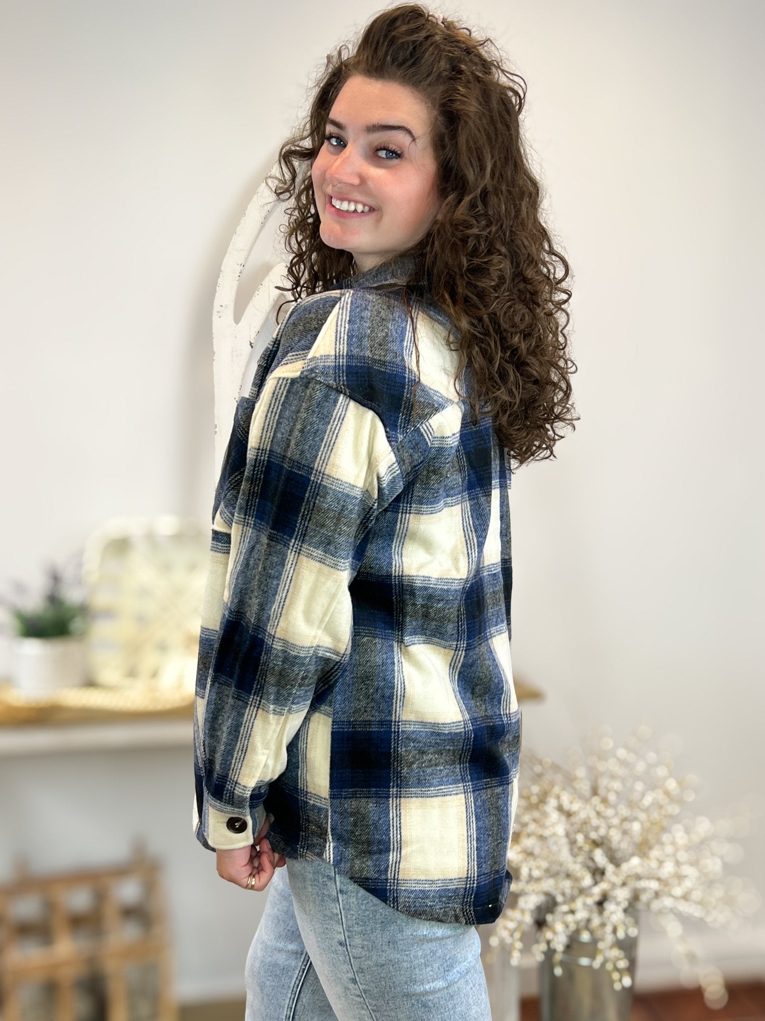 Navy Plaid Flannel Shacket - Lavender Hills BeautyZenanaQJ - 1372D4 - NVY - S