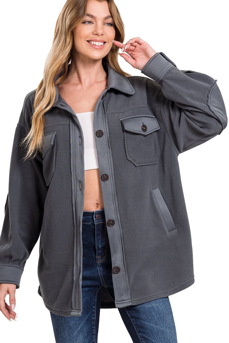 Cozy Cabin Fleece Oversized Shacket - Charcoal - Lavender Hills BeautyZenanaQJ - 40000Y - ASHGRY - S