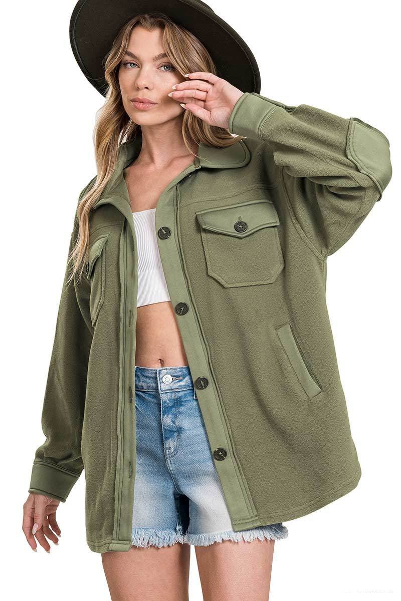 Cozy Cabin Fleece Oversized Shacket - Light Olive - Lavender Hills BeautyZenanaQJ - 40000Y - LTOLV - S