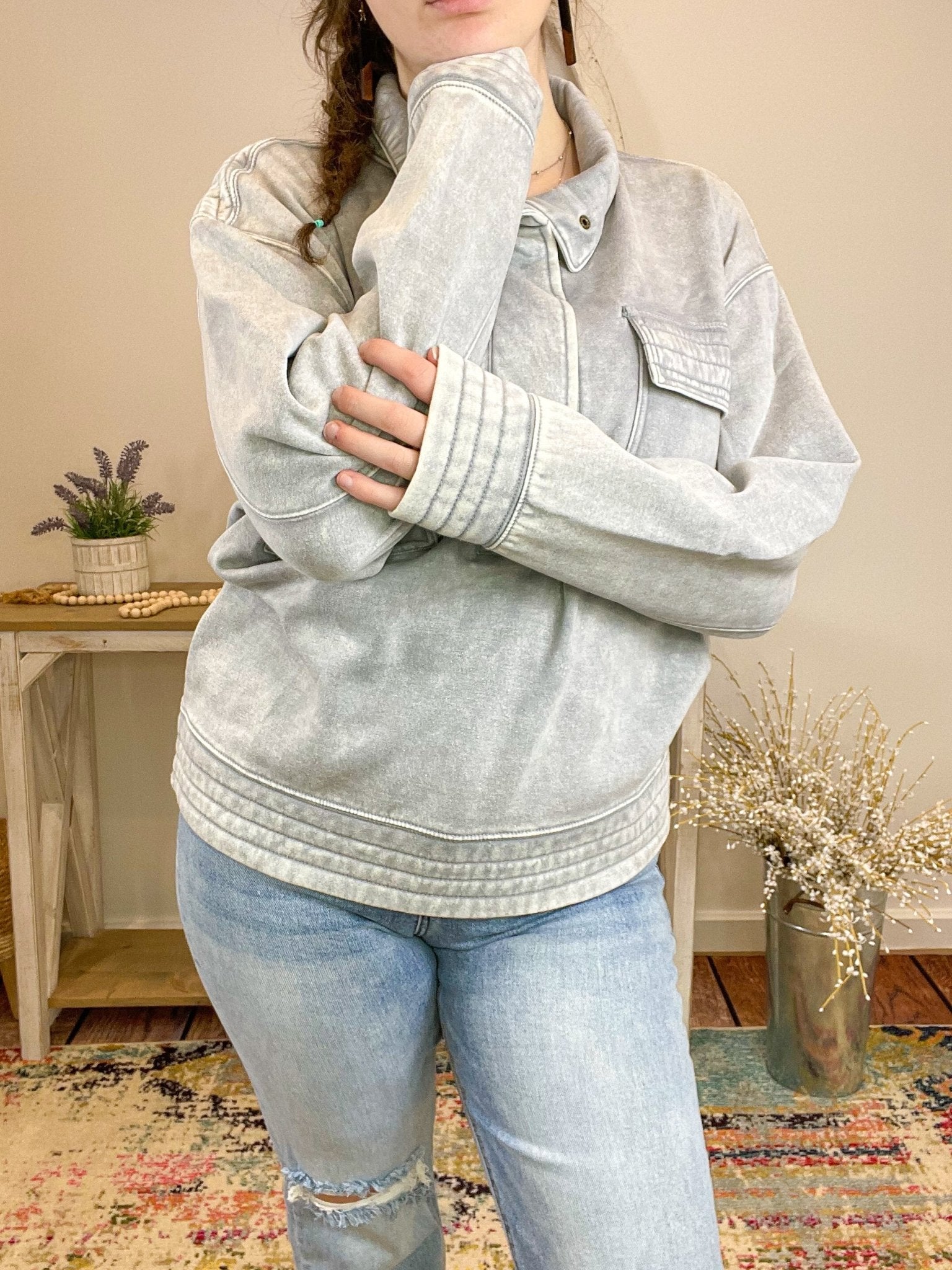 Quilted Comfort Fleece Snap Pullover Sweatshirt - Lavender Hills BeautyZenanaOTW - 4326Y - SLET - S