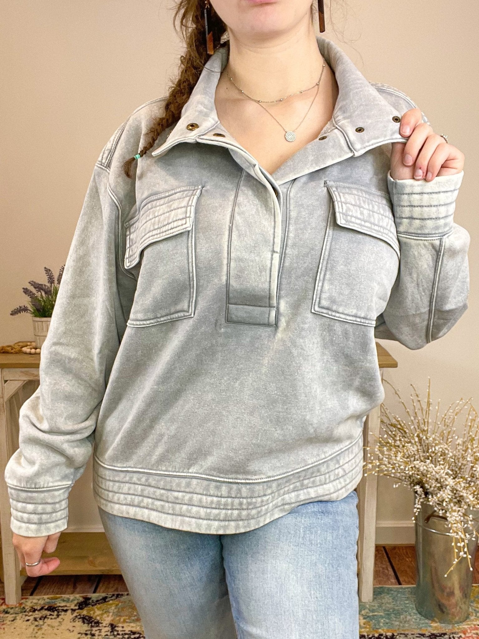 Quilted Comfort Fleece Snap Pullover Sweatshirt - Lavender Hills BeautyZenanaOTW - 4326Y - DKPNK - S