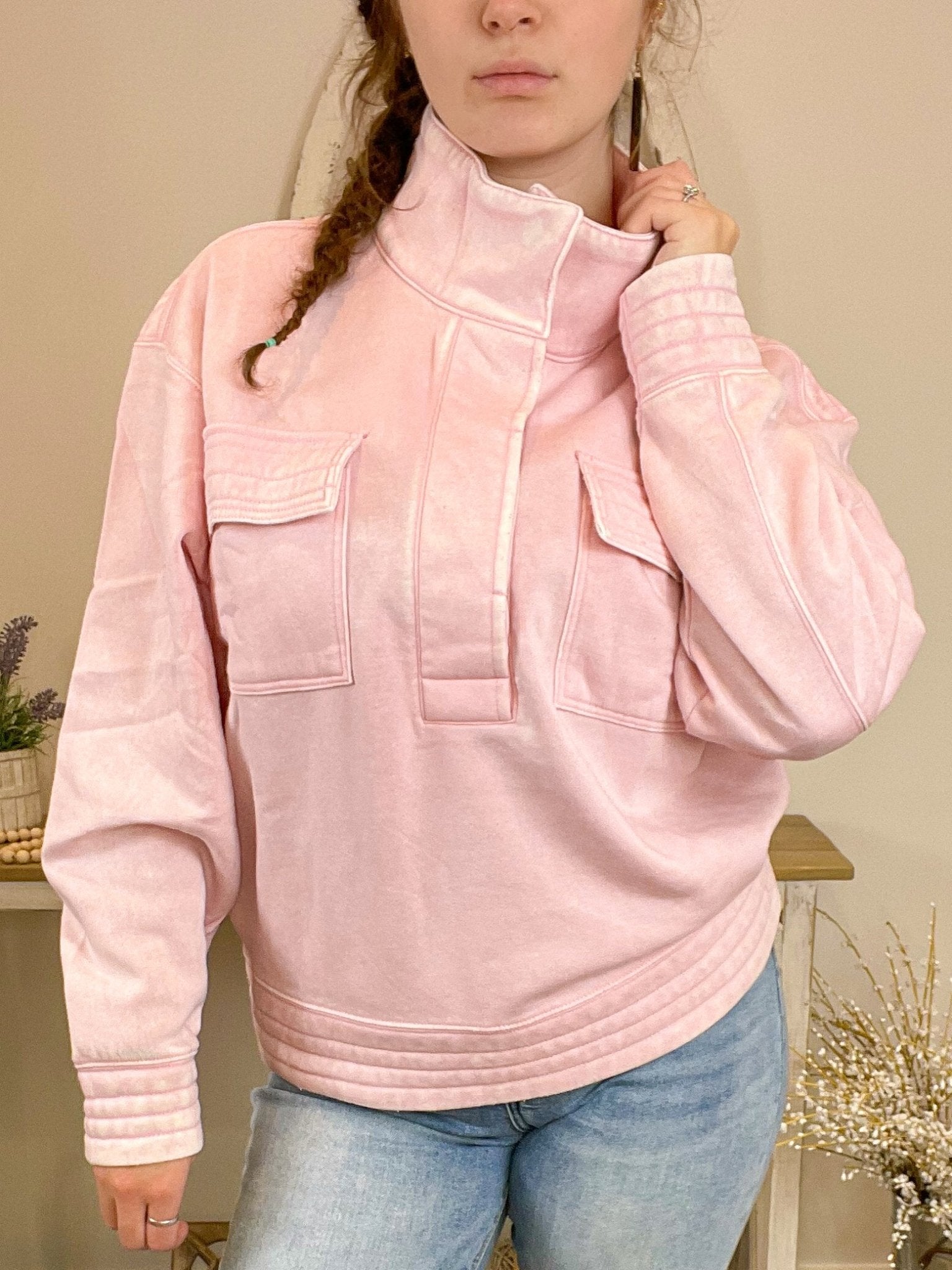 Quilted Comfort Fleece Snap Pullover Sweatshirt - Lavender Hills BeautyZenanaOTW - 4326Y - DKPNK - S