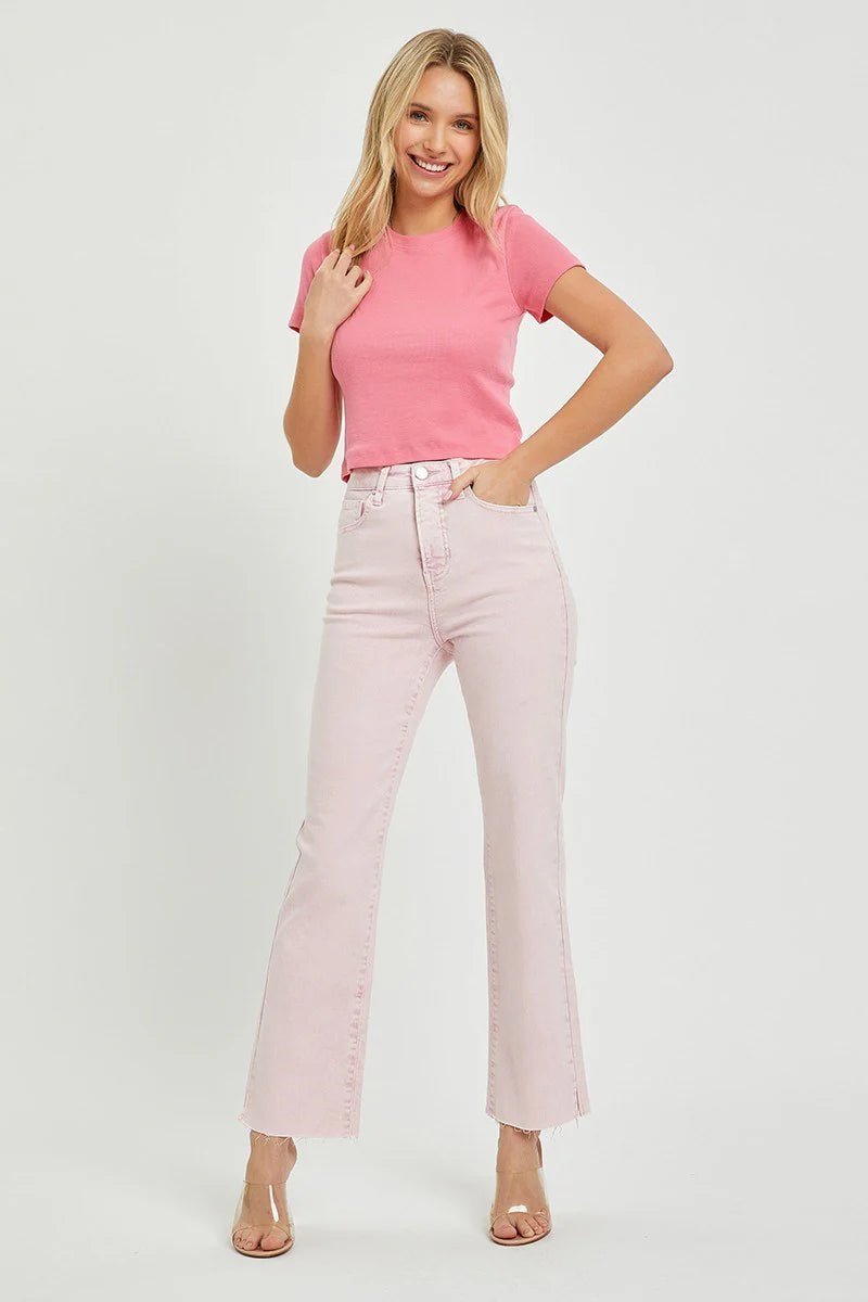 Risen Pink Acid Wash Tummy Control High-Rise Straight Jeans