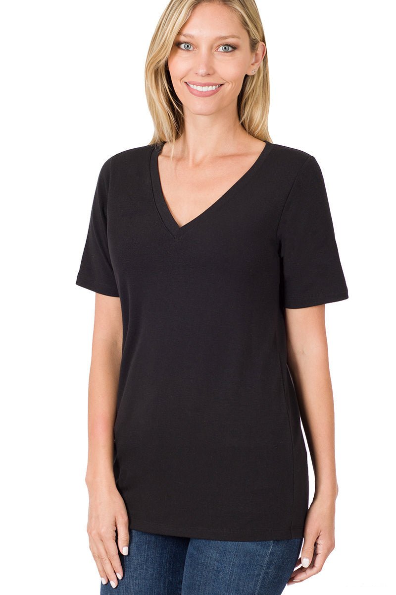 Everyday Short Sleeve V - Neck T-Shirt - Lavender Hills BeautyZenanaRT - 2109AB - BLK - S