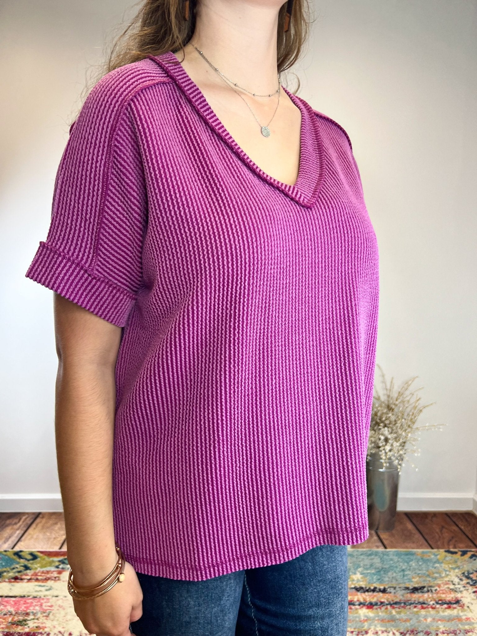 Lux Ribbed V - Neck Short Sleeve Top Shirt - Lavender Hills BeautyZenanaRTL - 8539A - 3