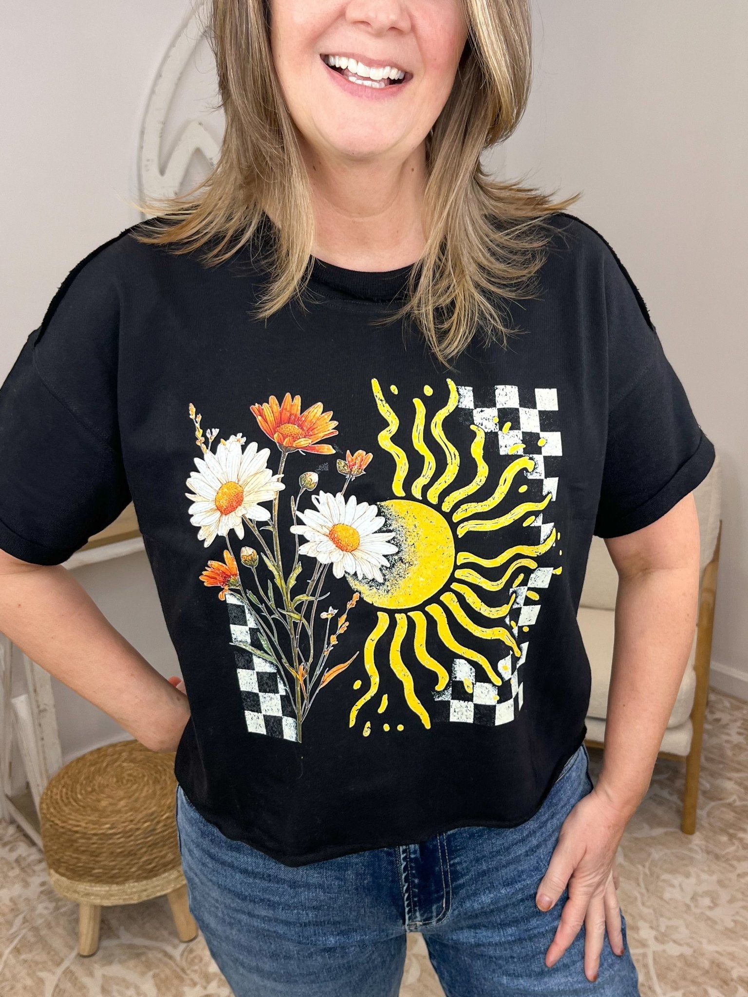 Retro Heatwave Sun & Daisy Checkerboard Boxy Tee - French Terry - Lavender Hills BeautyLavender Hills Beauty