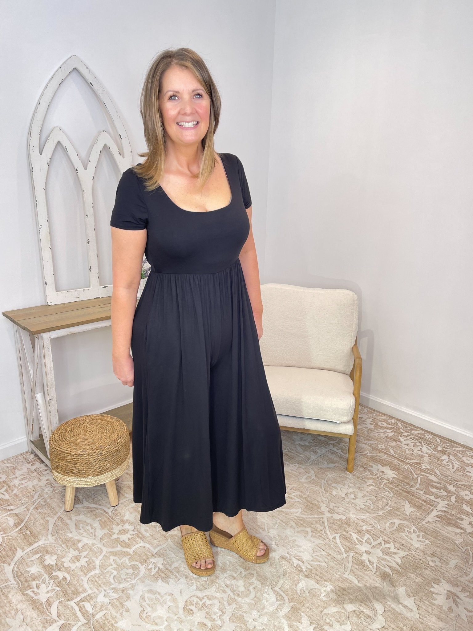 Serene Flowy Wide - Leg Jumpsuit - Double Layered Comfort - Lavender Hills BeautyZenanaRP-8559Y-BLK-S