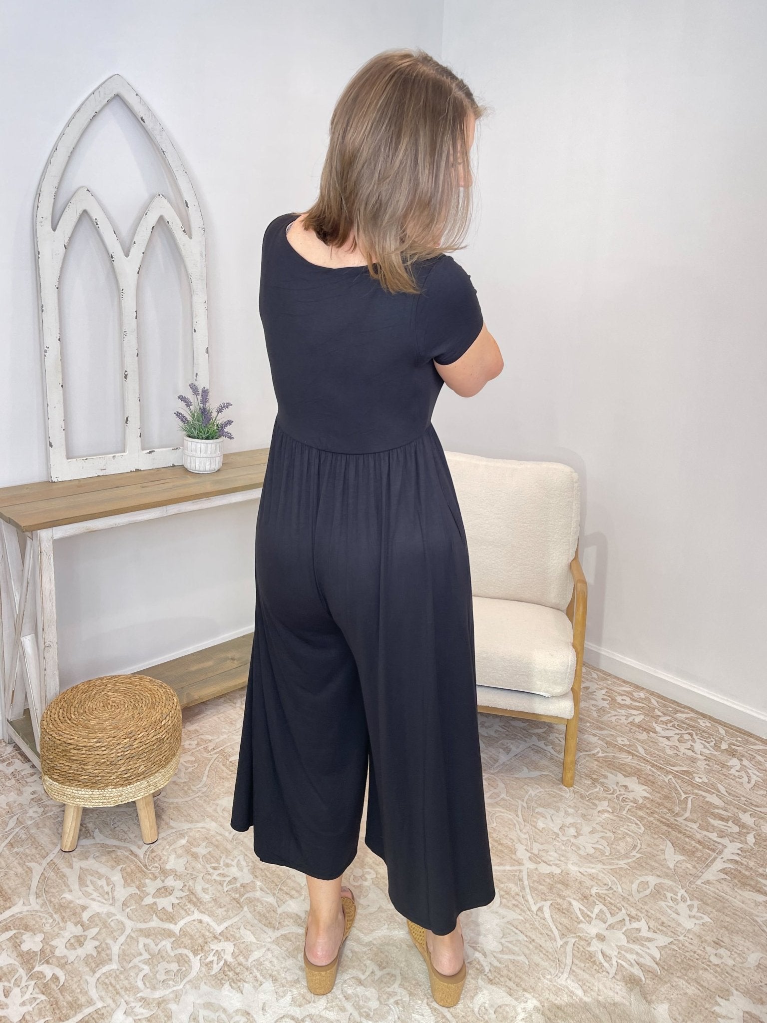 Serene Flowy Wide - Leg Jumpsuit - Double Layered Comfort - Lavender Hills BeautyZenanaRP-8559Y-BLK-S