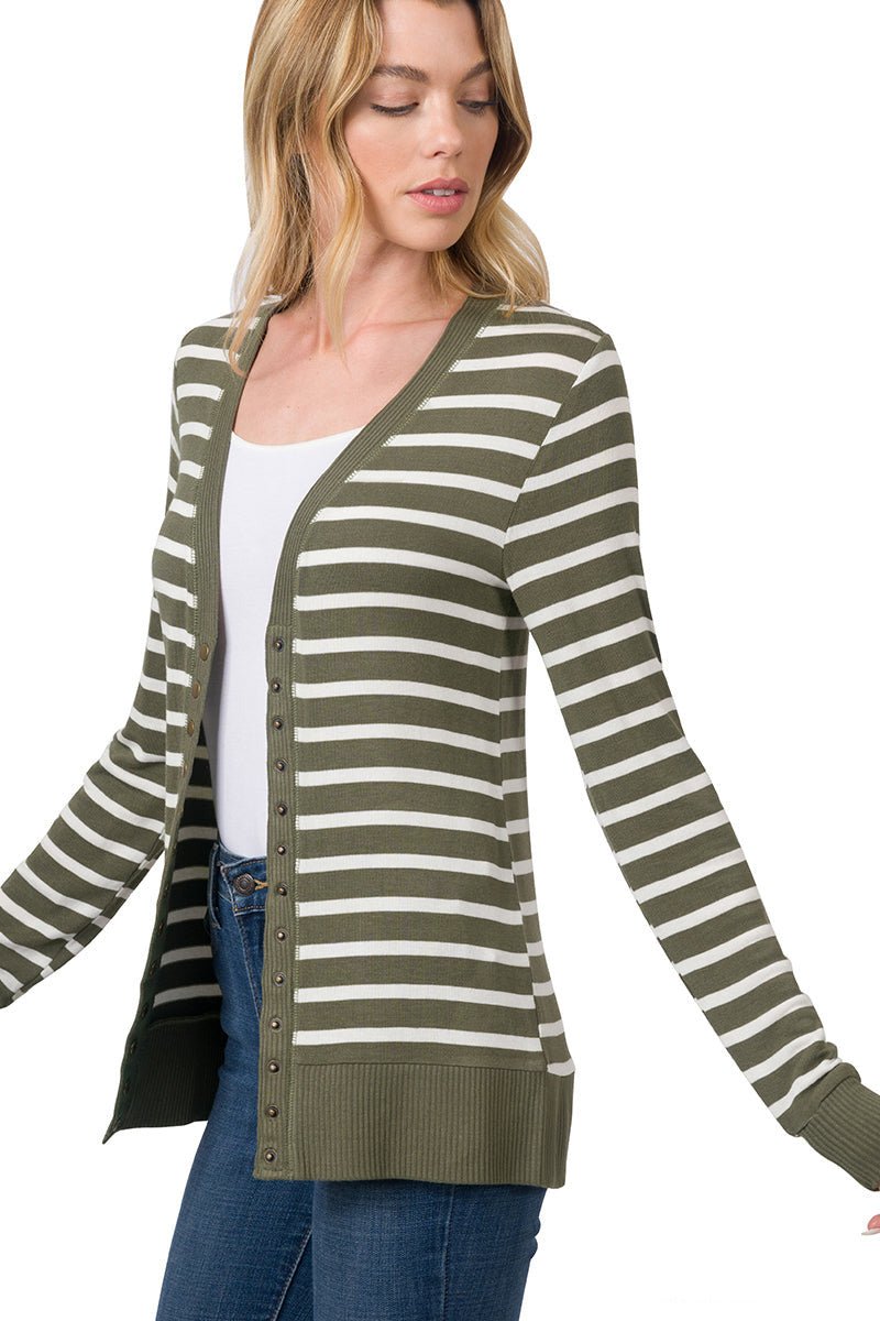 Snap Button Long Sleeve Striped Cardigan - Lavender Hills BeautyZenana