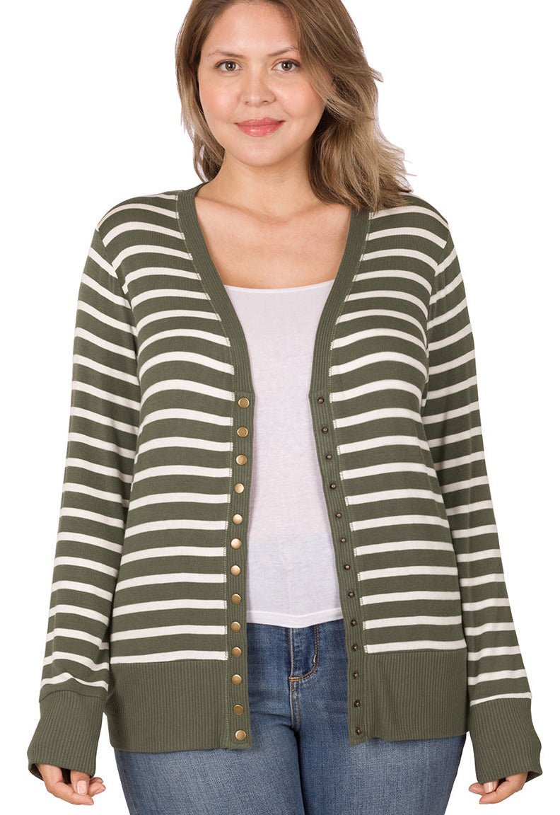 Snap Button Long Sleeve Striped Cardigan - Lavender Hills BeautyZenana