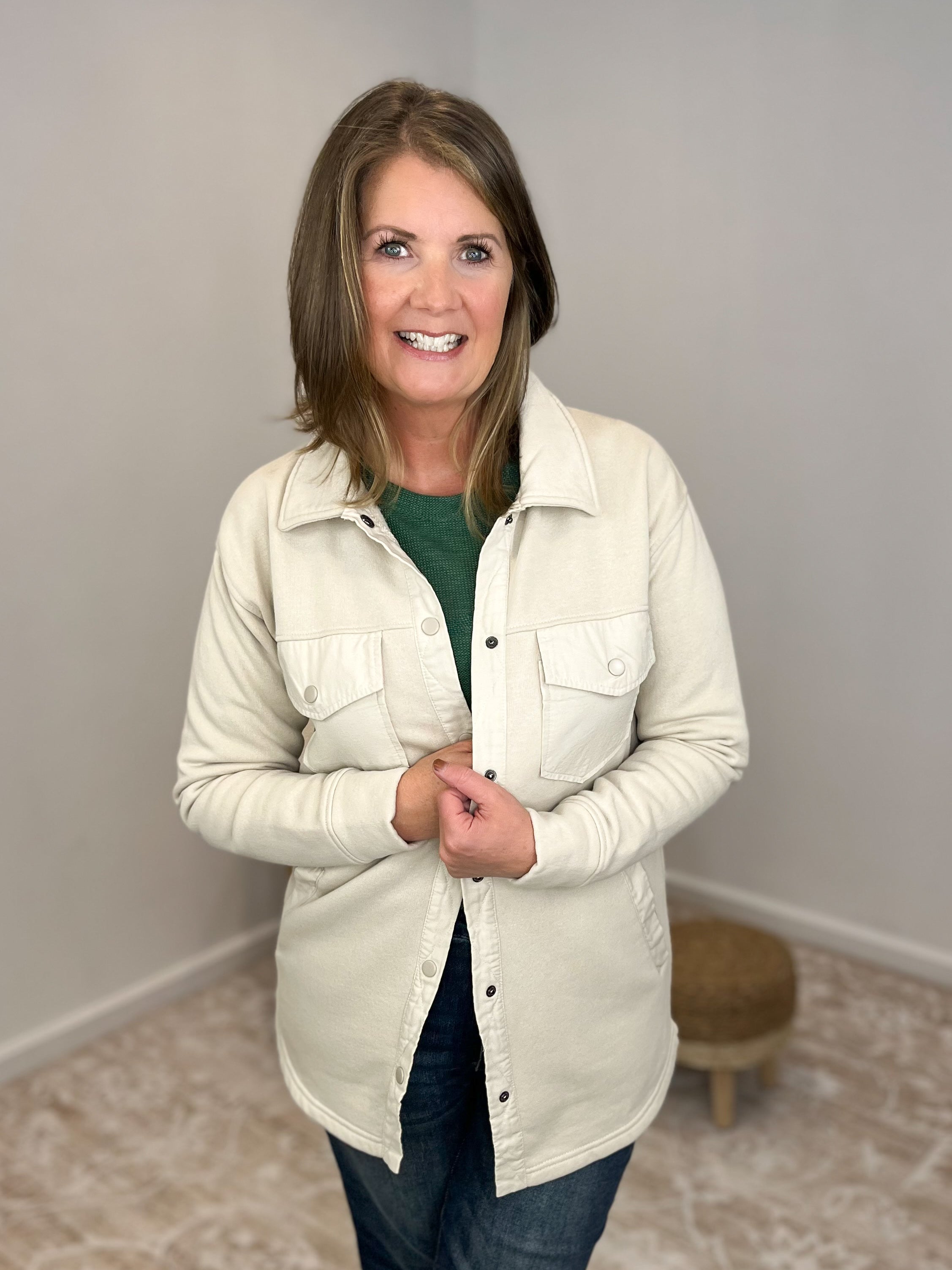 Snap-on Warm Shacket with Pockets - Natural