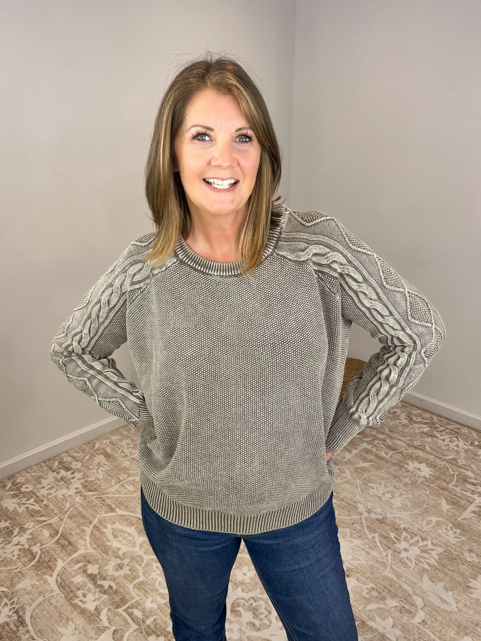 Stone Washed Cable Sleeve Crewneck Sweater - Lavender Hills BeautyZenanaTWW - 2334Y - MCH - S