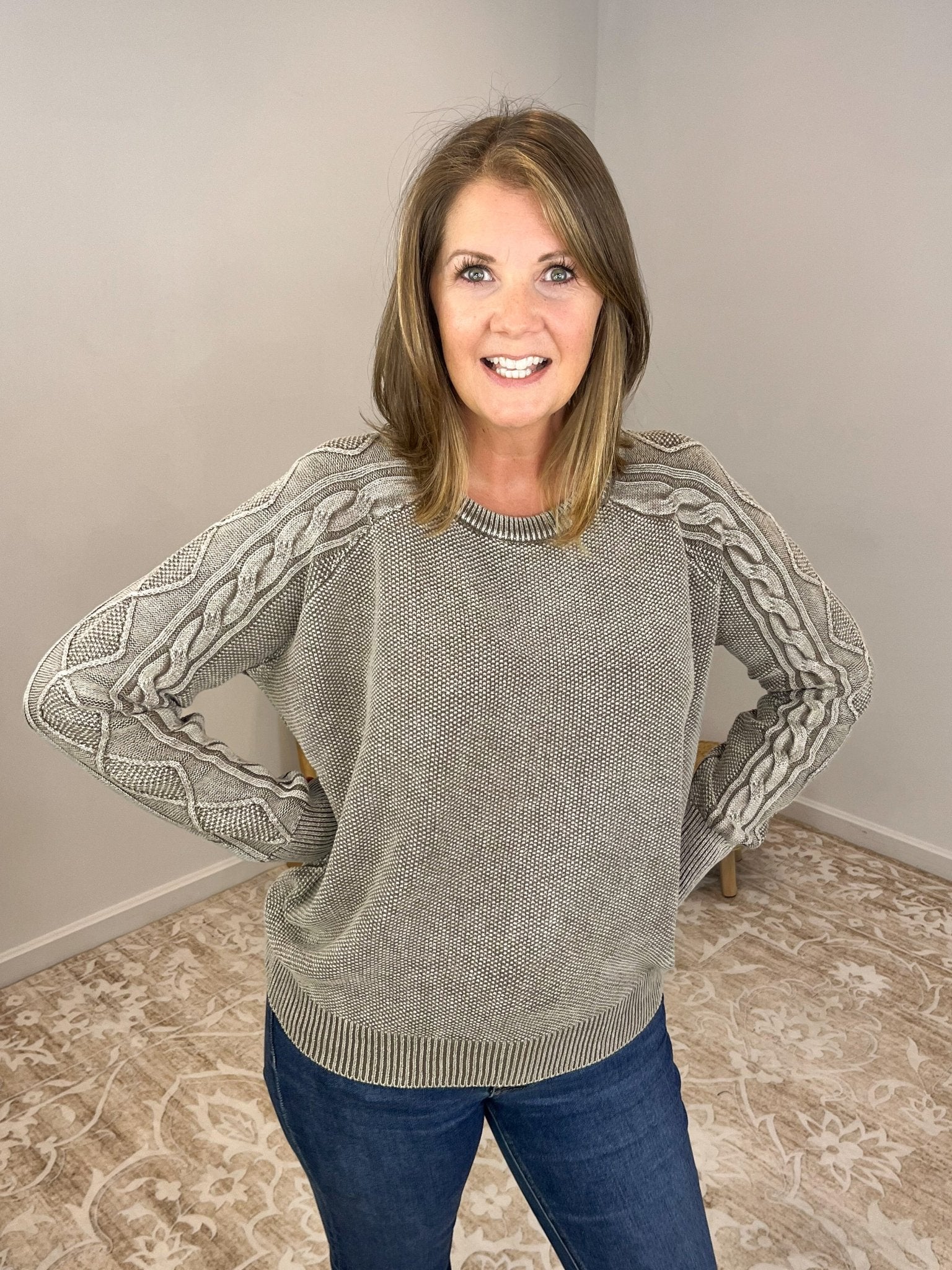 Stone Washed Cable Sleeve Crewneck Sweater - Lavender Hills BeautyZenanaTWW - 2334Y - MCH - S