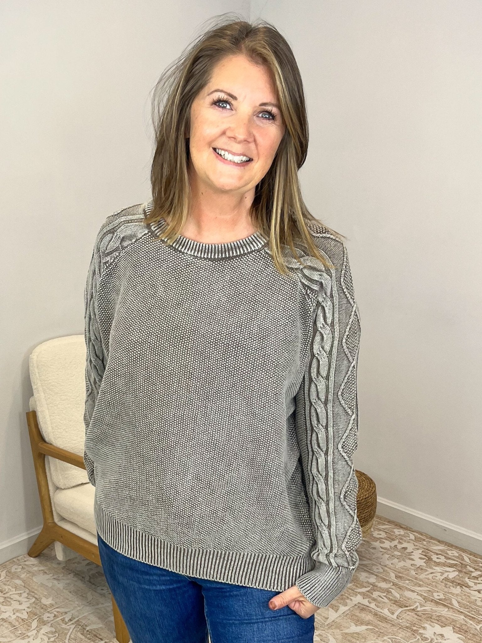 Stone Washed Cable Sleeve Crewneck Sweater - Lavender Hills BeautyZenanaTWW - 2334Y - MCH - S
