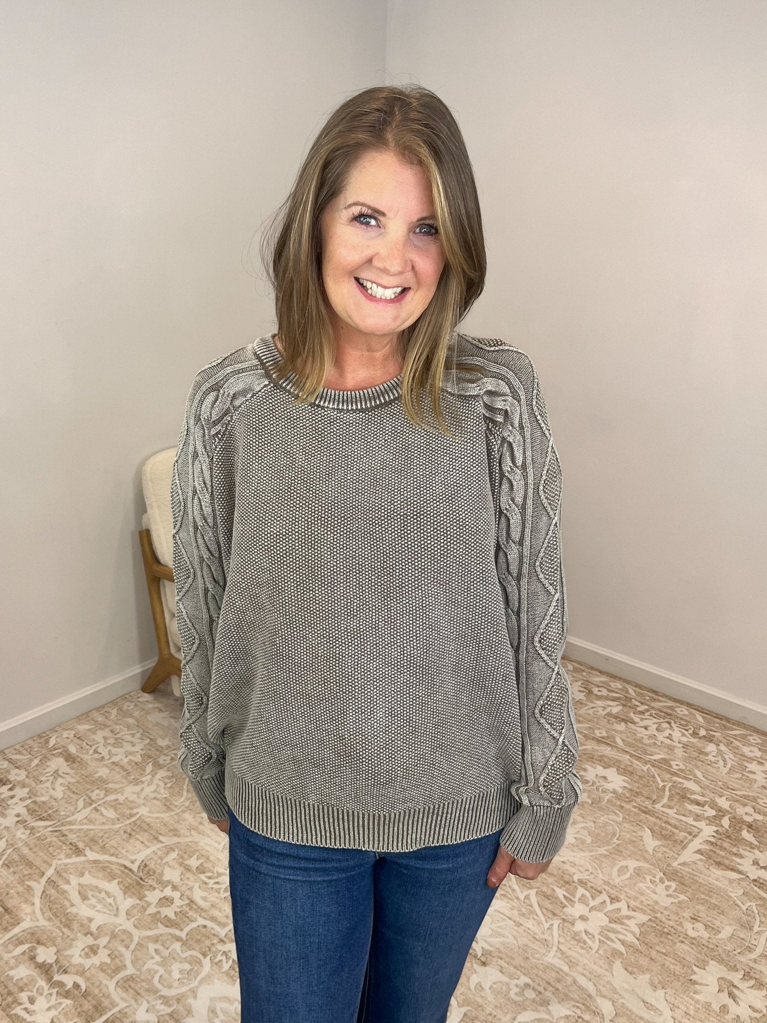 Stone Washed Cable Sleeve Crewneck Sweater - Lavender Hills BeautyZenanaTWW - 2334Y - MCH - S