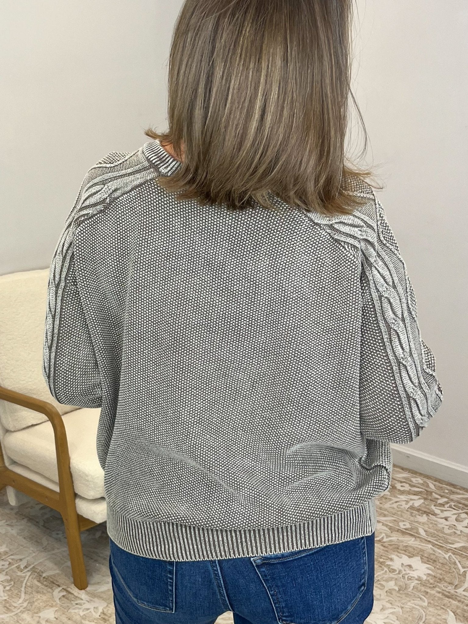 Stone Washed Cable Sleeve Crewneck Sweater - Lavender Hills BeautyZenanaTWW - 2334Y - MCH - S