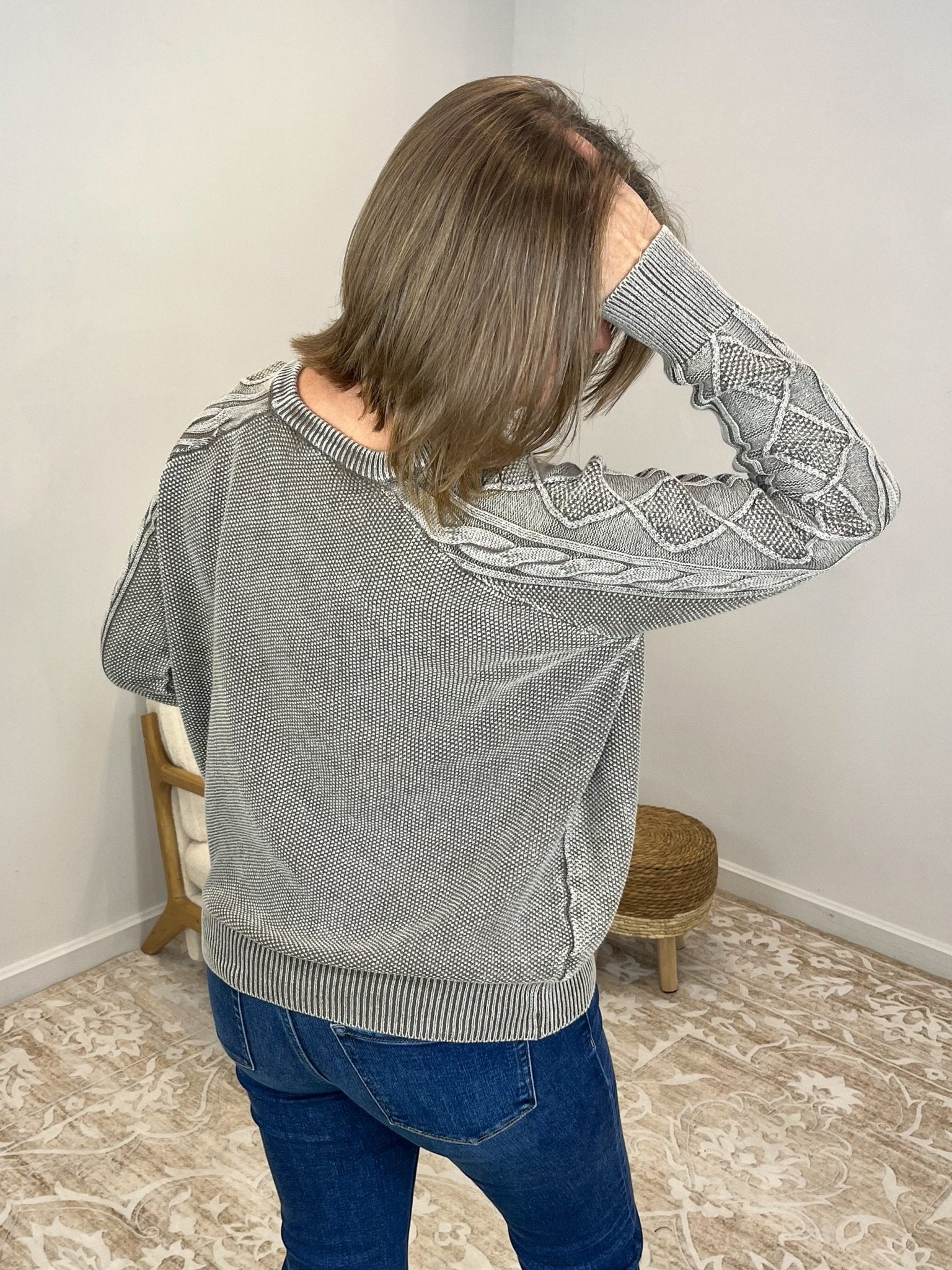 Stone Washed Cable Sleeve Crewneck Sweater - Lavender Hills BeautyZenanaTWW - 2334Y - MCH - S