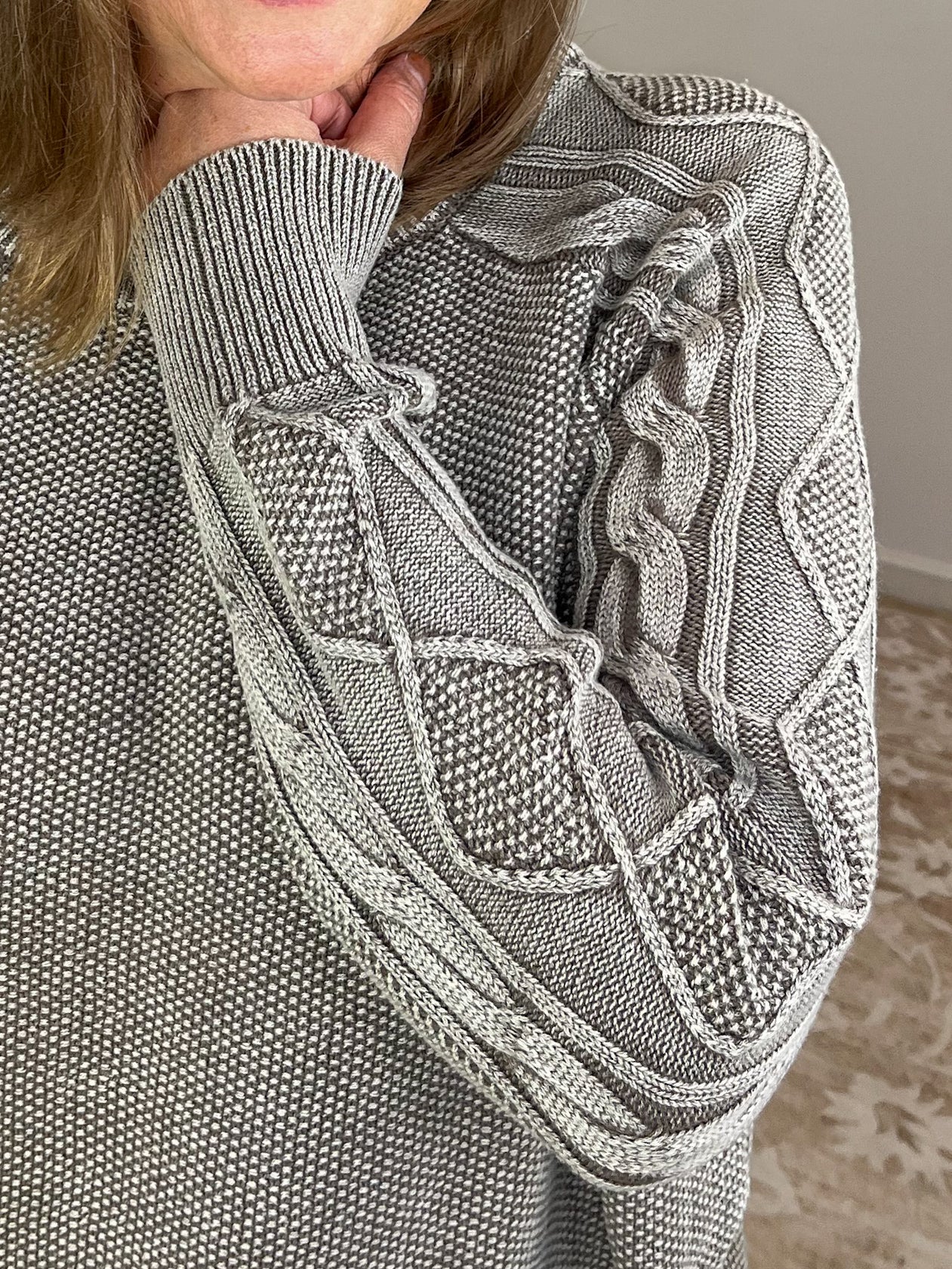 Stone Washed Cable Sleeve Crewneck Sweater - Lavender Hills BeautyZenanaTWW - 2334Y - MCH - S