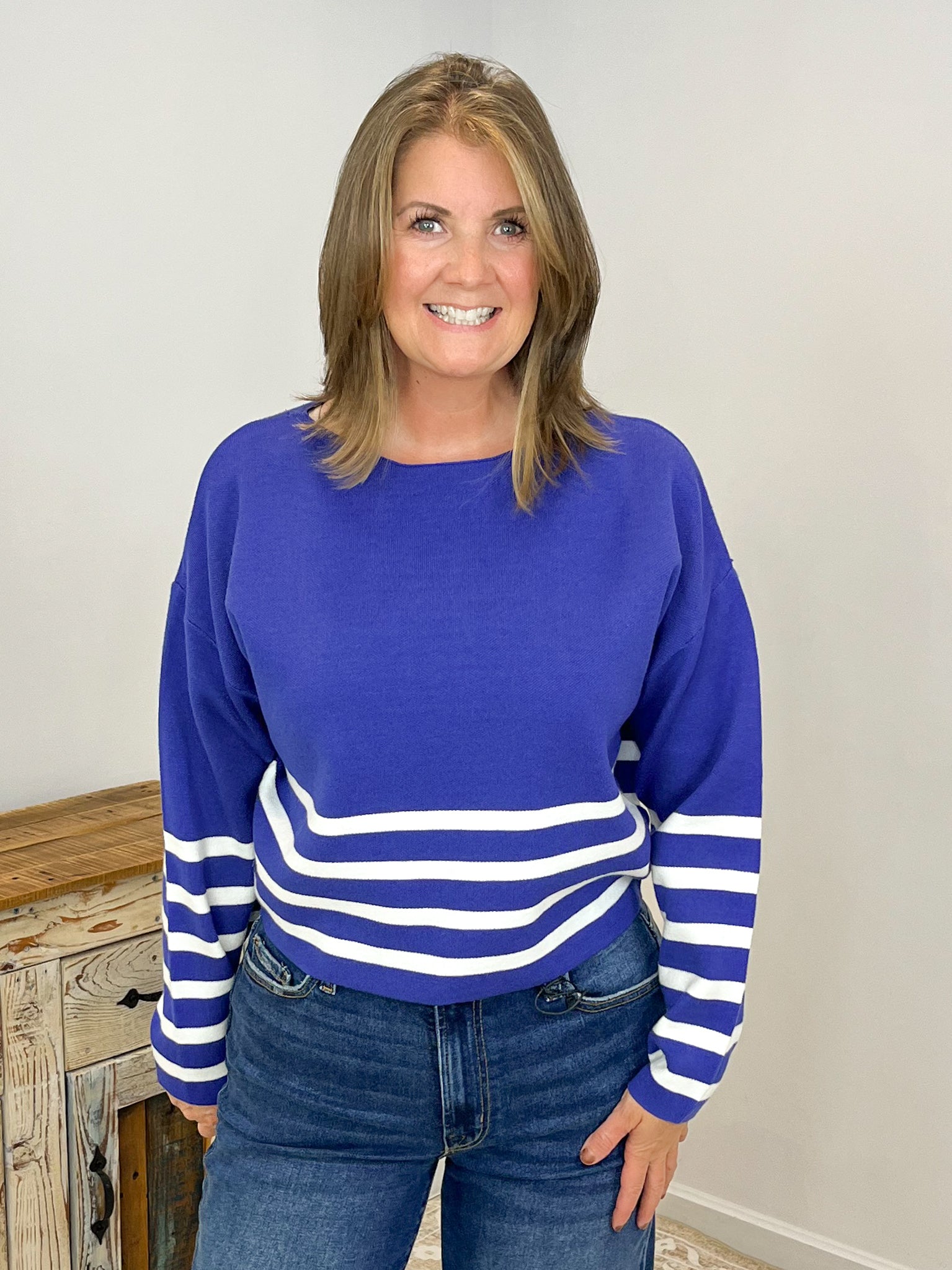 Striped Dipped Crop Long Sleeve Sweater - Lavender Hills BeautyZenanaTW - 2503Y - NVY - S