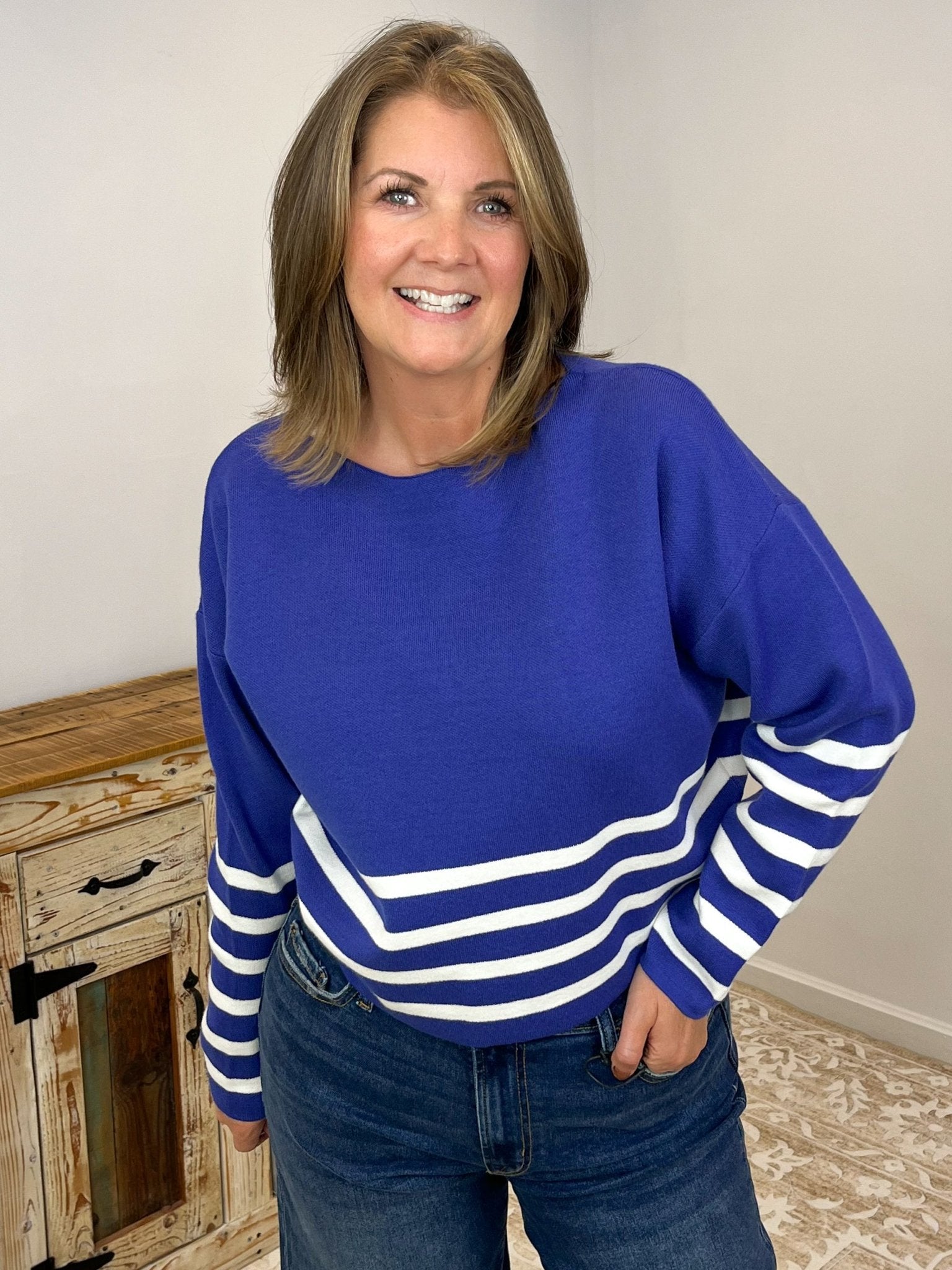 Striped Dipped Crop Long Sleeve Sweater - Lavender Hills BeautyZenanaTW - 2503Y - NVY - S