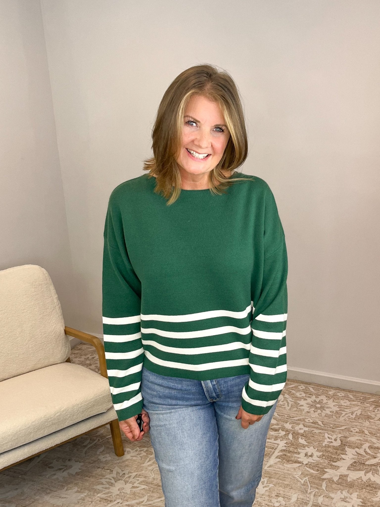 Striped Dipped Crop Sweater - Hunter Green