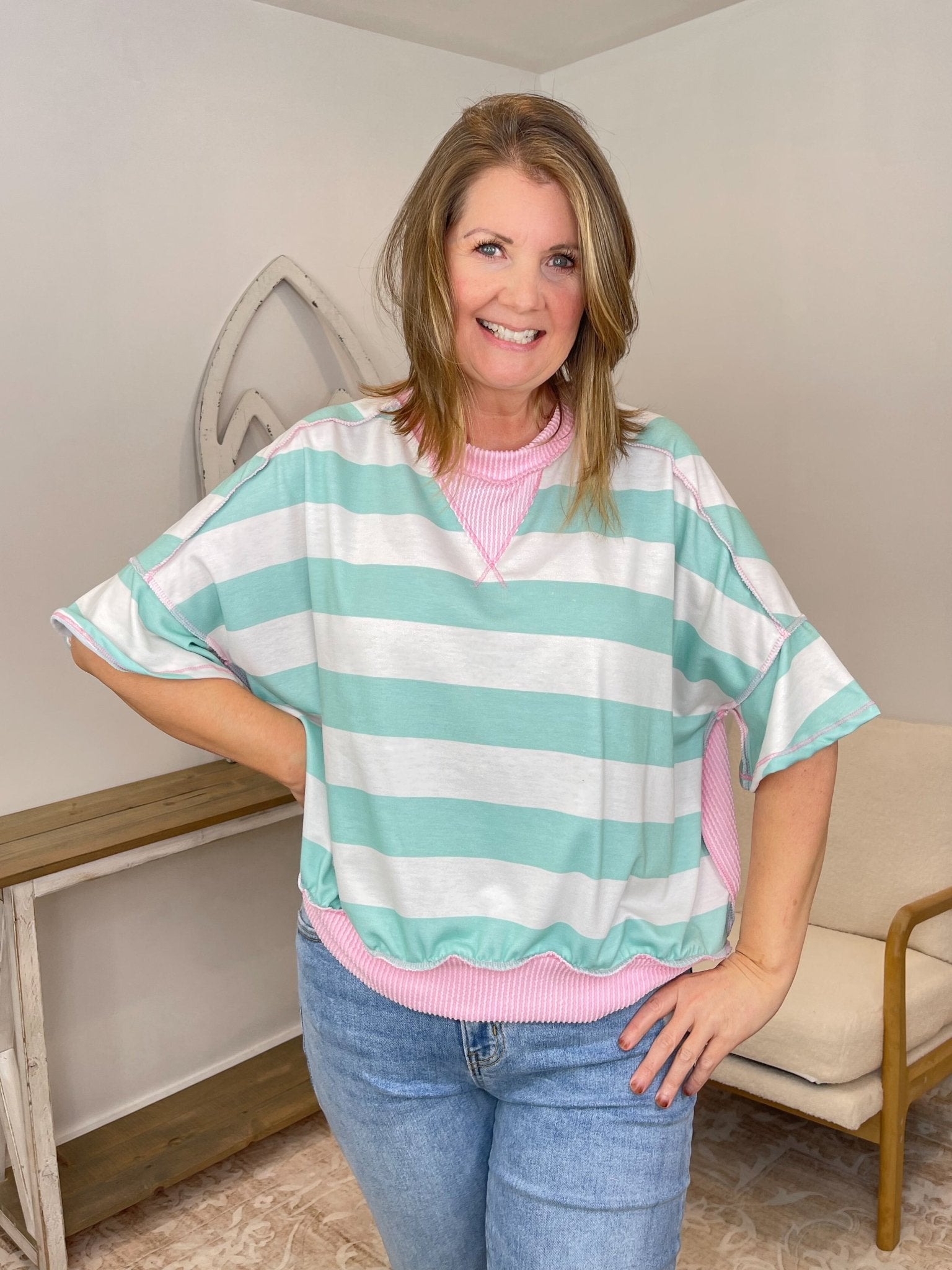 Striped Flutter Sleeve Terry Top - Mint & Blush
