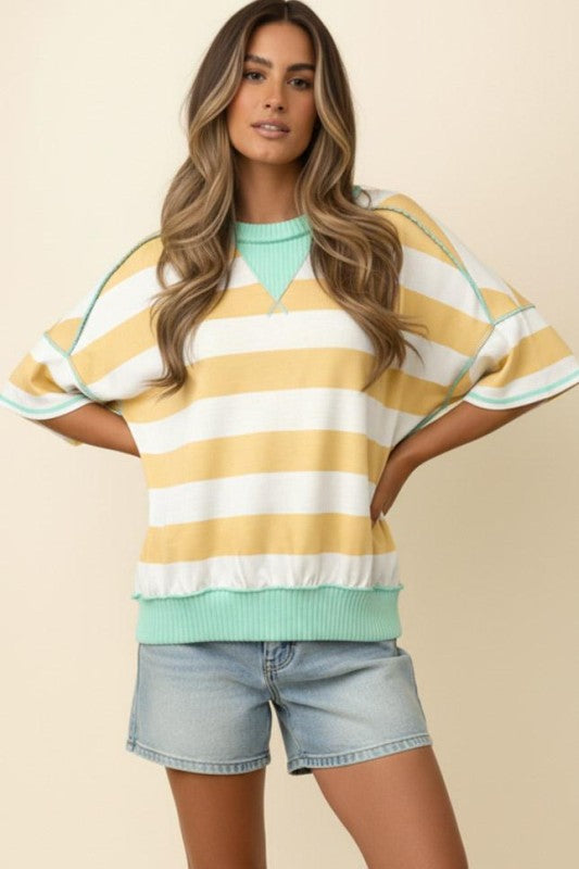 Striped Flutter Sleeve Terry Top - Yellow & Aqua